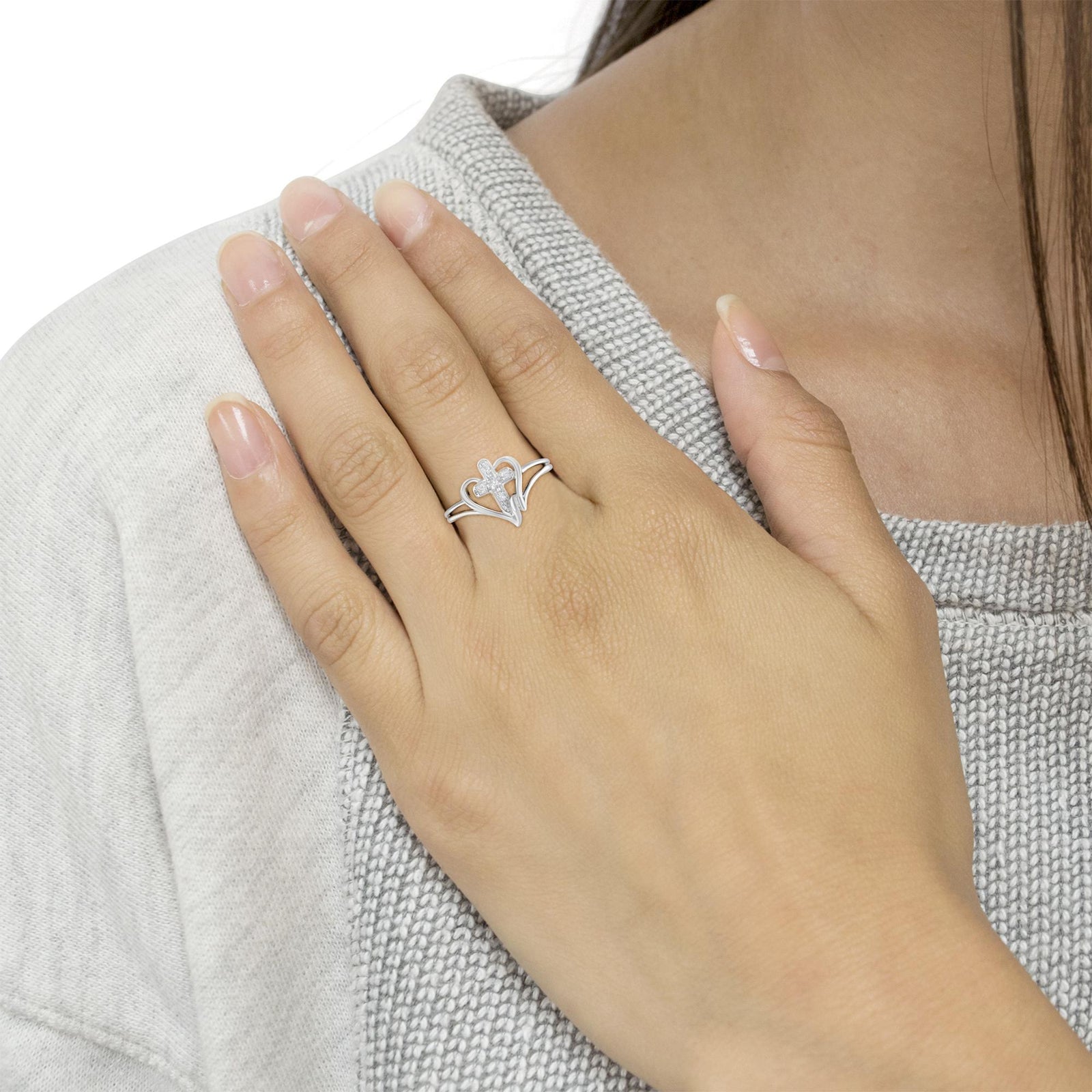 10K White Gold Diamond Heart & Cross Promise Ring