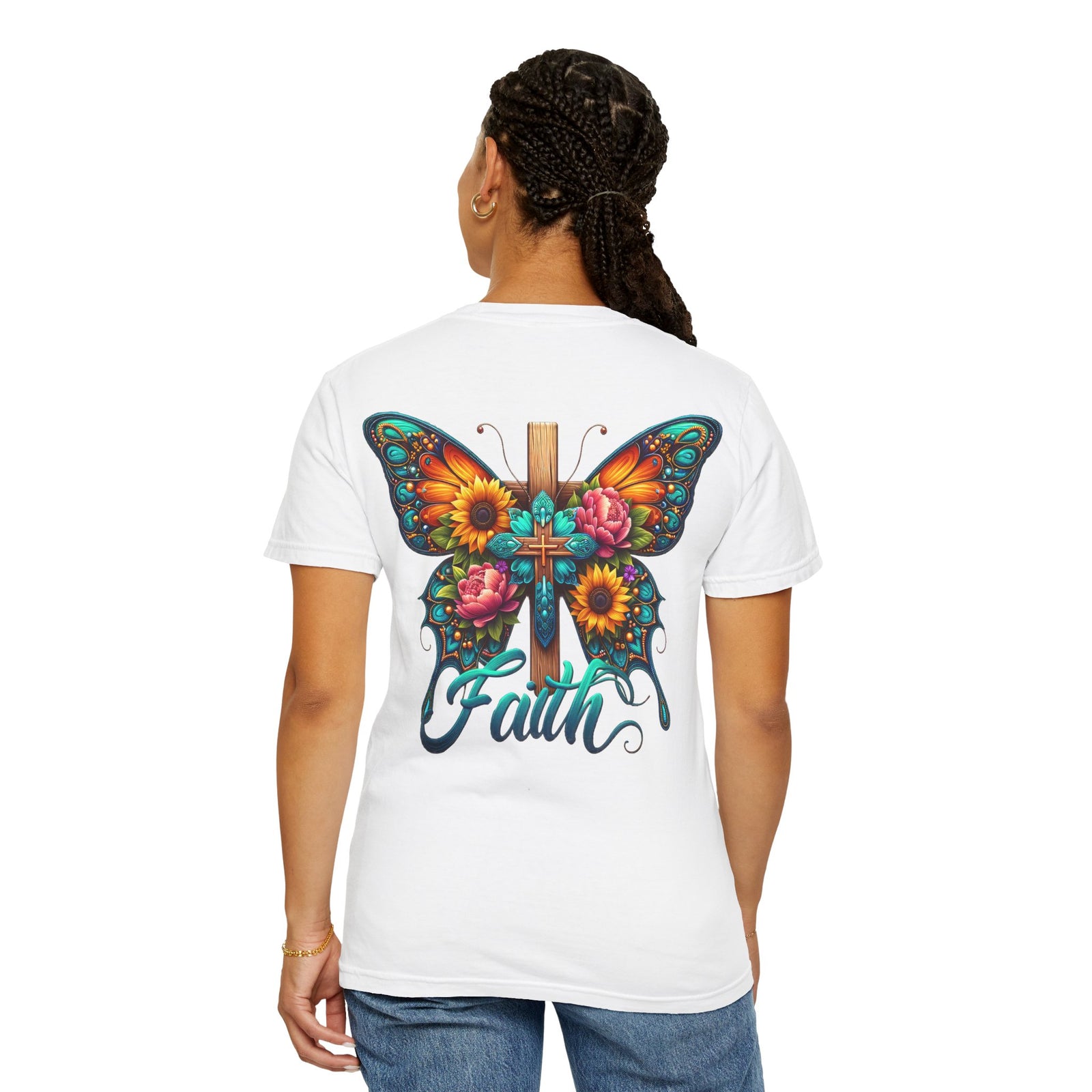 Faith Butterfly T‑Shirt — Floral Cross Design for Christian Gifts & Church Events