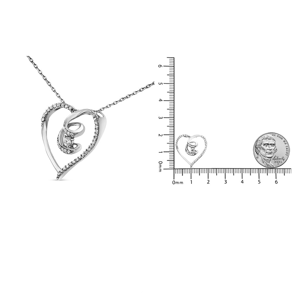 .925 Silver Diamond Heart Ribbon Pendant Necklace