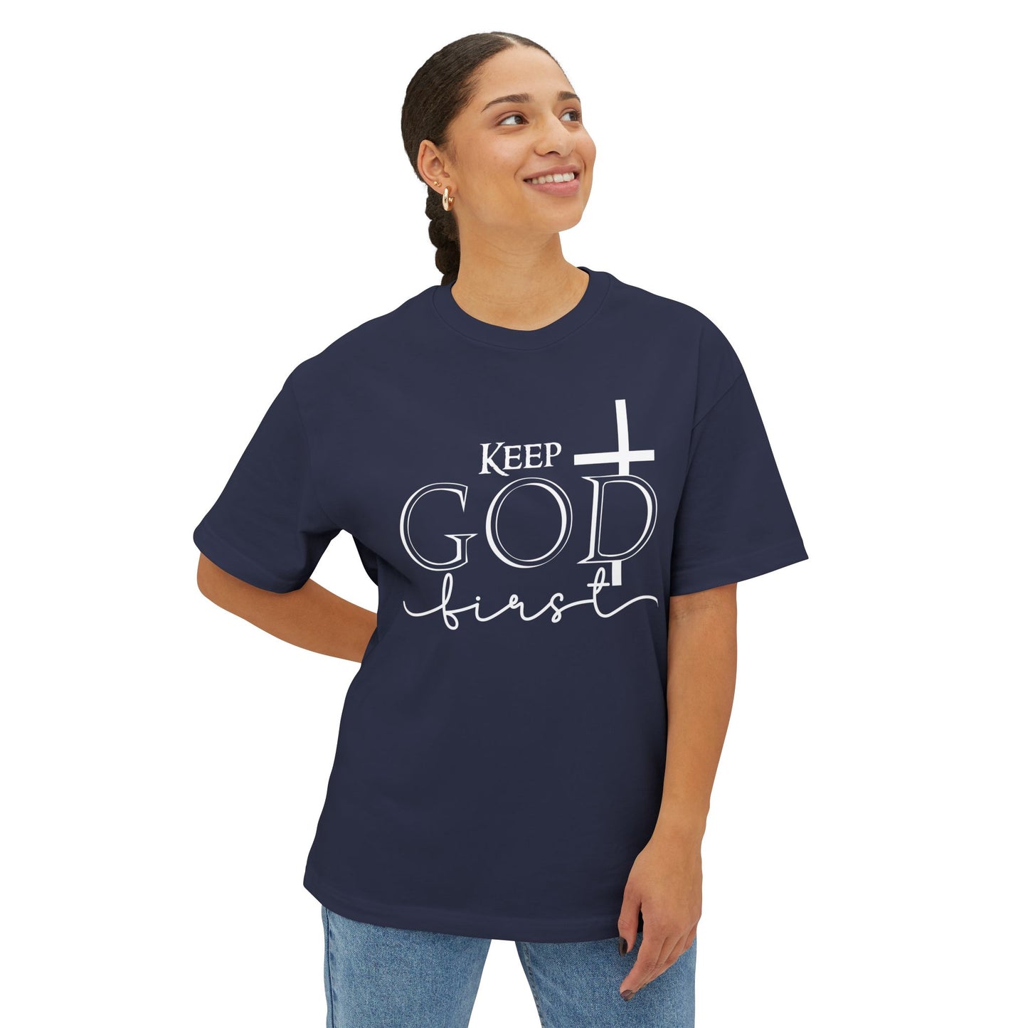 Keep God First Oversized Tee — Christian Faith Statement Shirt