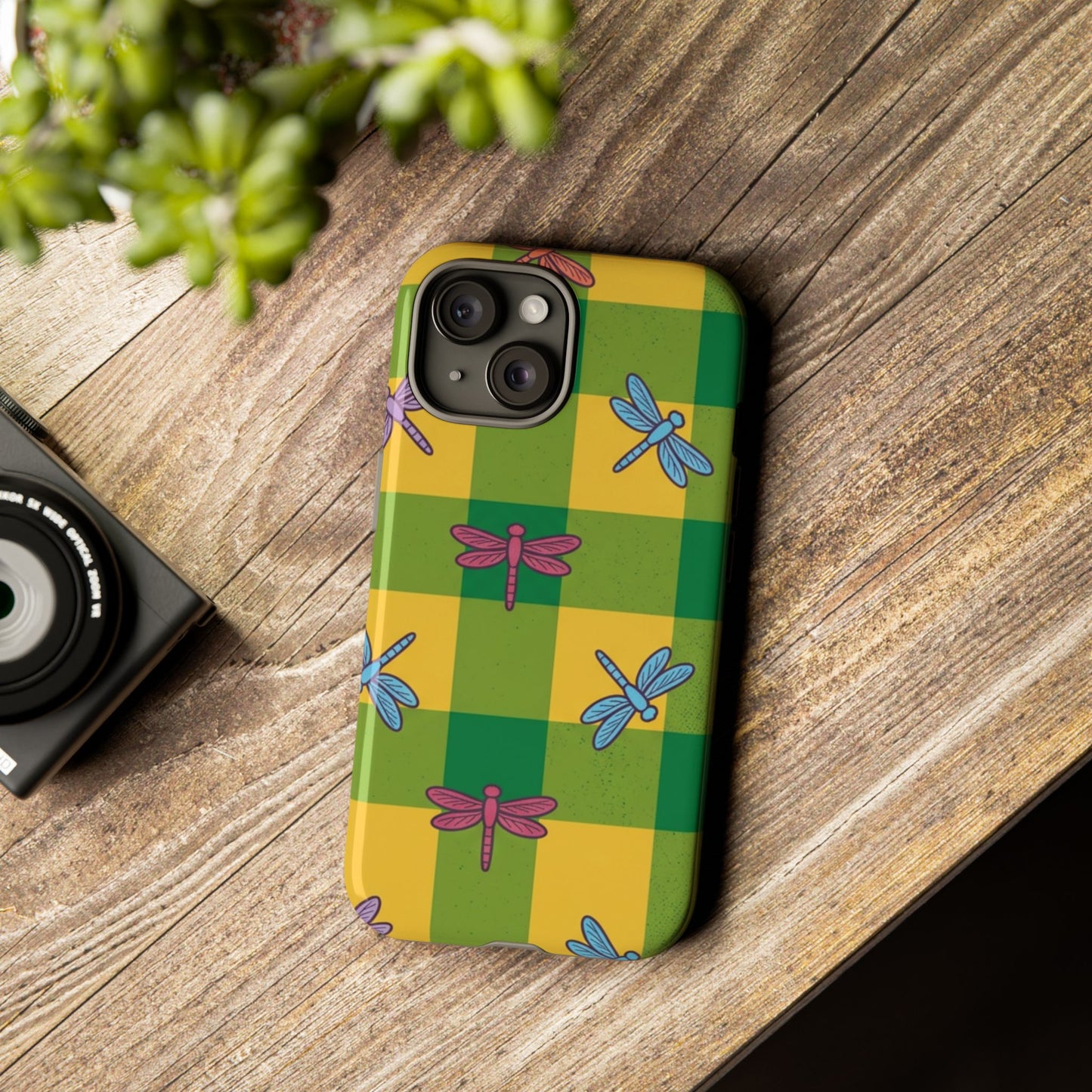 Dragonfly Check Phone Case — Colorful Plaid Protective Tough Case