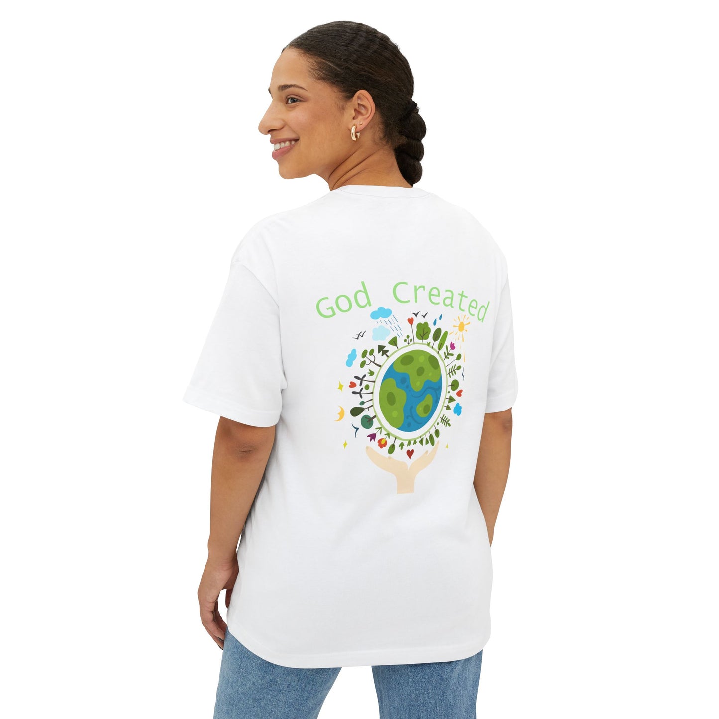 T-Shirt — "God Created" Earth Graphic Tee (Eco, Faith & Nature Love)