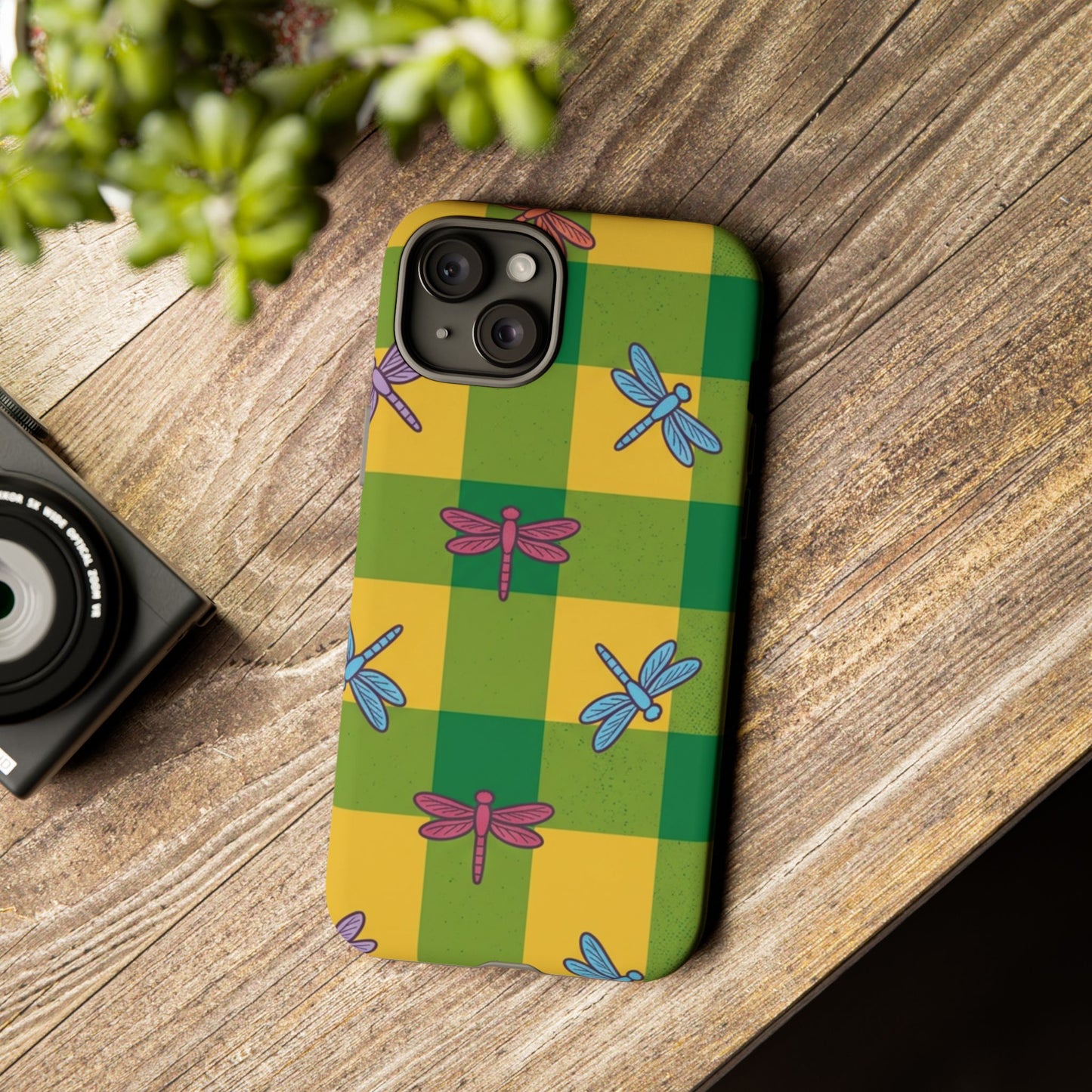 Dragonfly Check Phone Case — Colorful Plaid Protective Tough Case