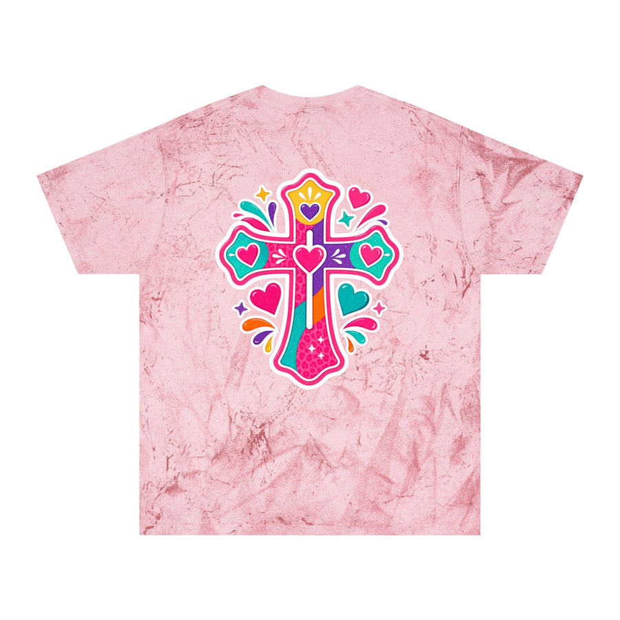 Tie-Dye Cross Tee — Colorful Hearts Graphic T-Shirt