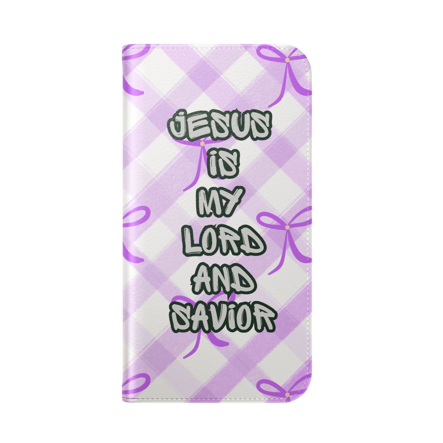 Christian Flip Phone Case — "Jesus Is My Lord and Savior" Purple Bow Plaid Wallet