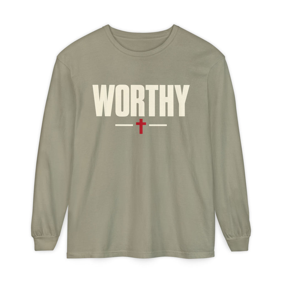 Worthy Long Sleeve Tee — Christian Faith Cross Graphic