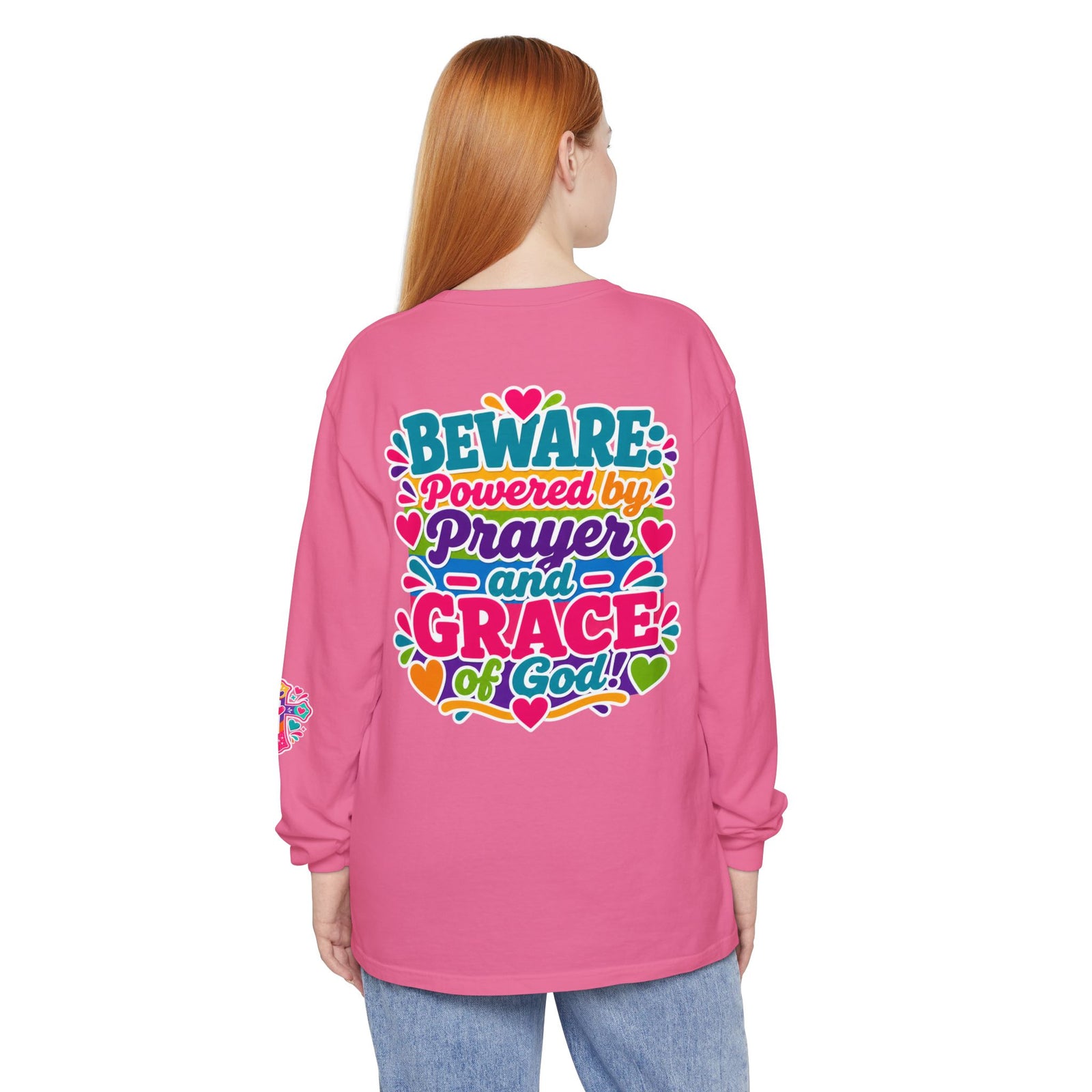 Long Sleeve Tee - "BEWARE Powered by Prayer and Grace of God" Colorful Faith Tee
