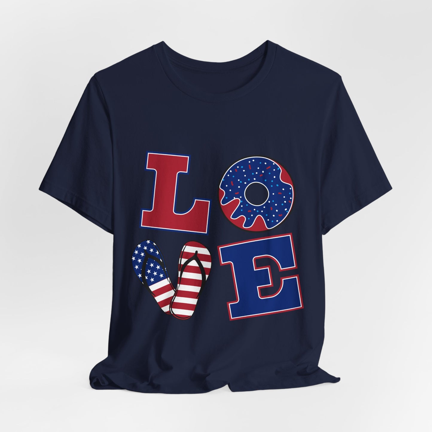 Patriotic LOVE T-Shirt — American Flag Donut & Flip-Flop Fourth of July Tee