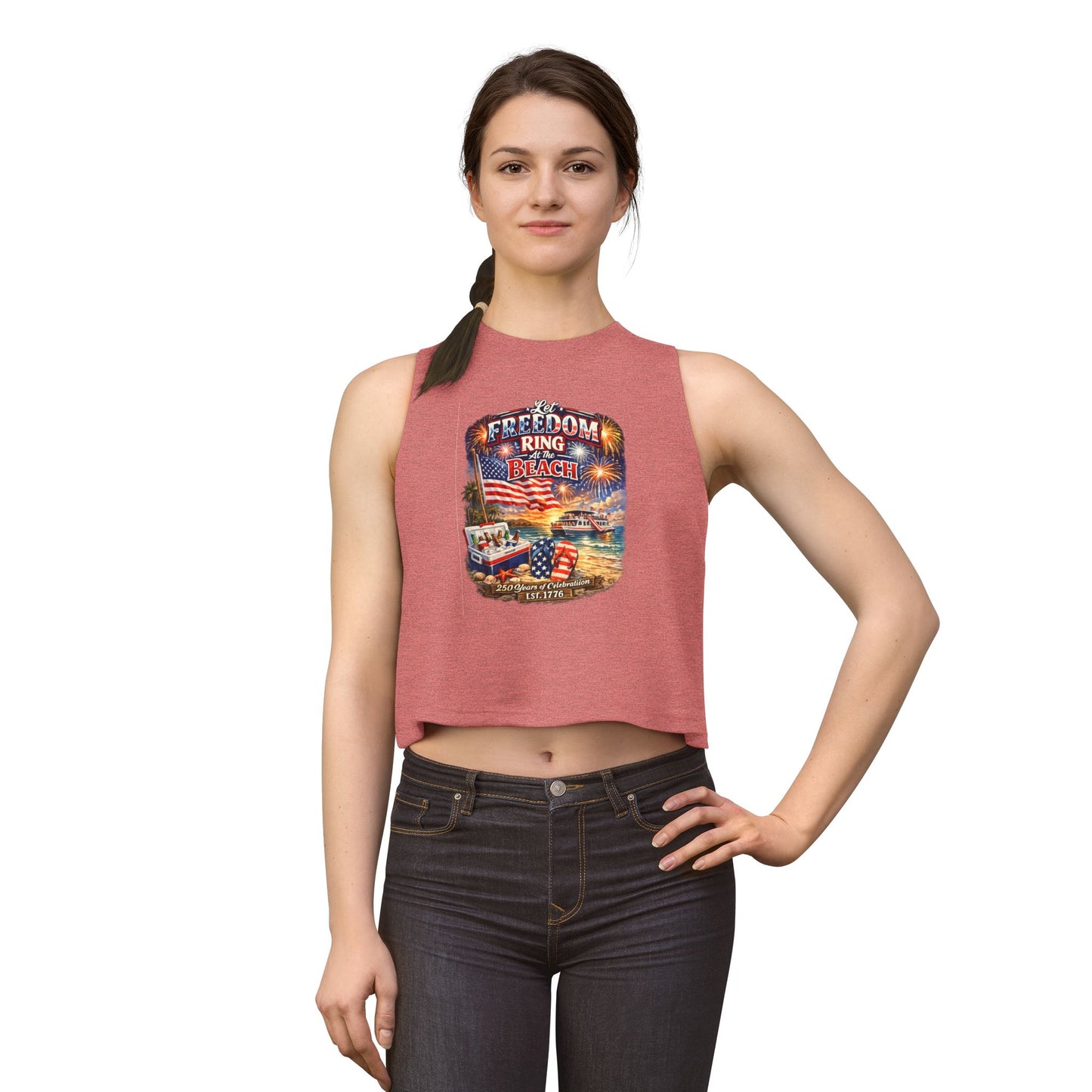 Freedom Pier Beach Graphic Crop Top — Patriotic 4th of July Tank