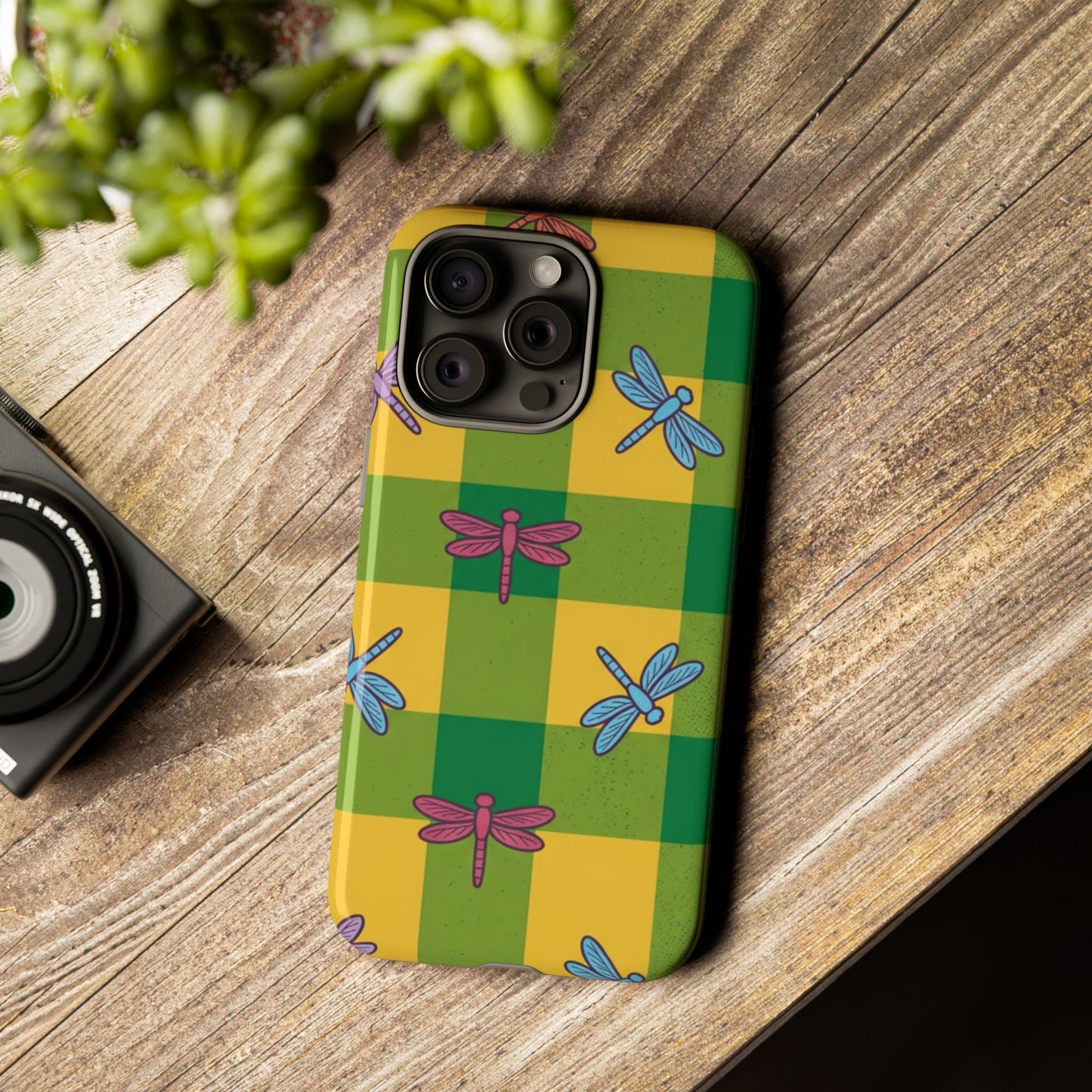 Dragonfly Check Phone Case — Colorful Plaid Protective Tough Case