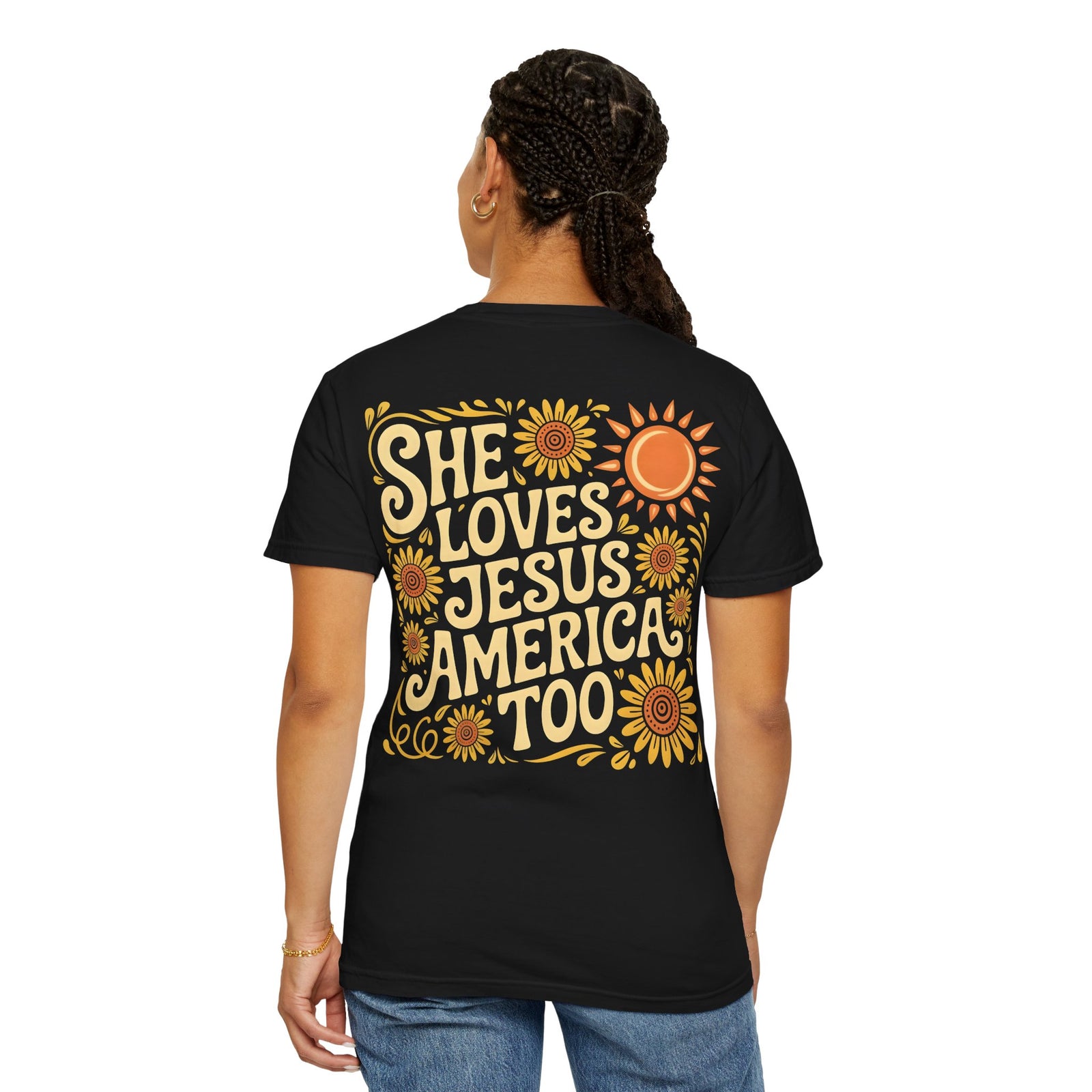 She Loves Jesus America Too T-Shirt — Retro Sunflower Faith Graphic Tee