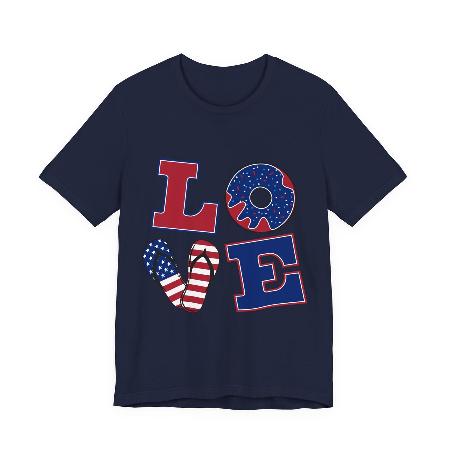 Patriotic LOVE T-Shirt — American Flag Donut & Flip-Flop Fourth of July Tee