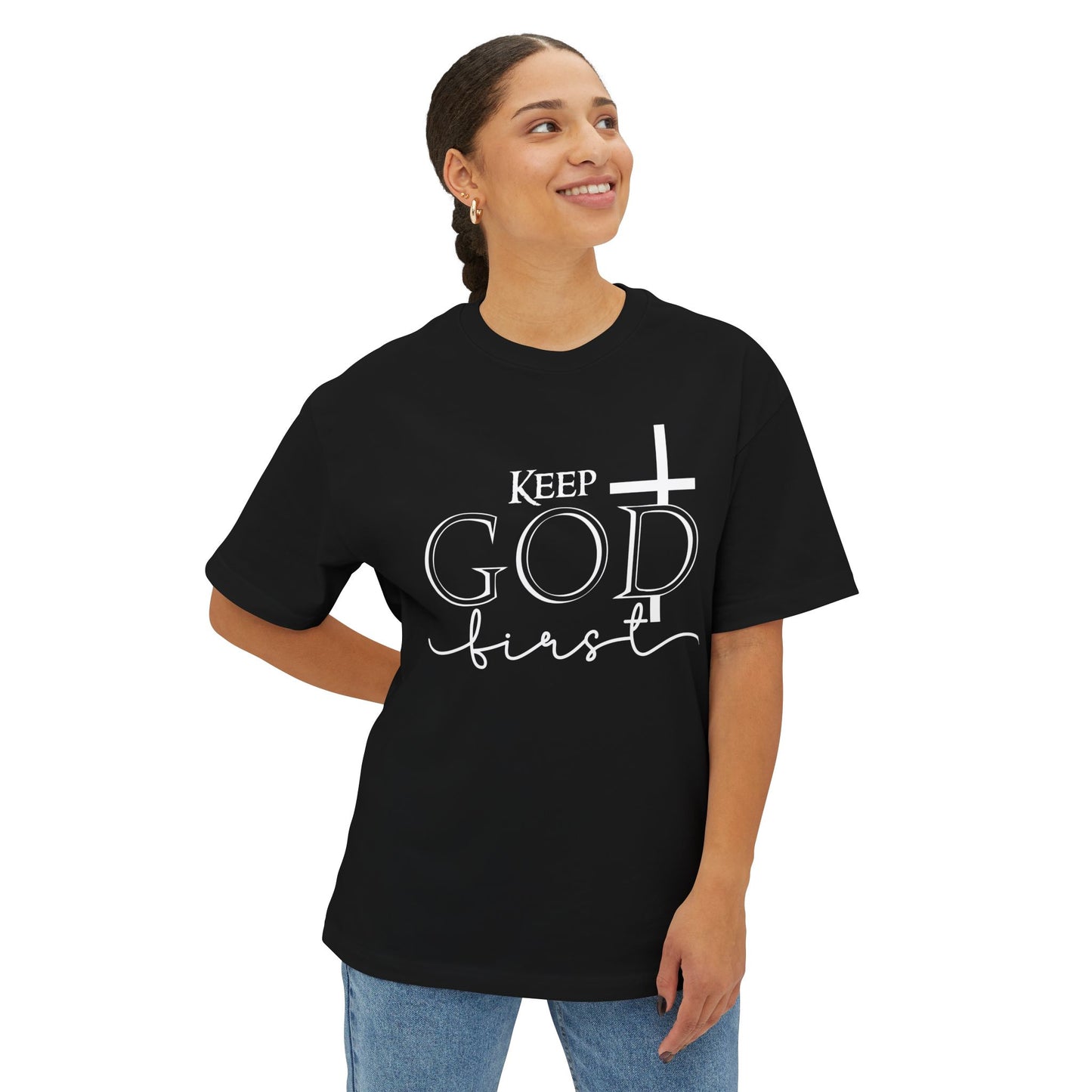 Keep God First Oversized Tee — Christian Faith Statement Shirt