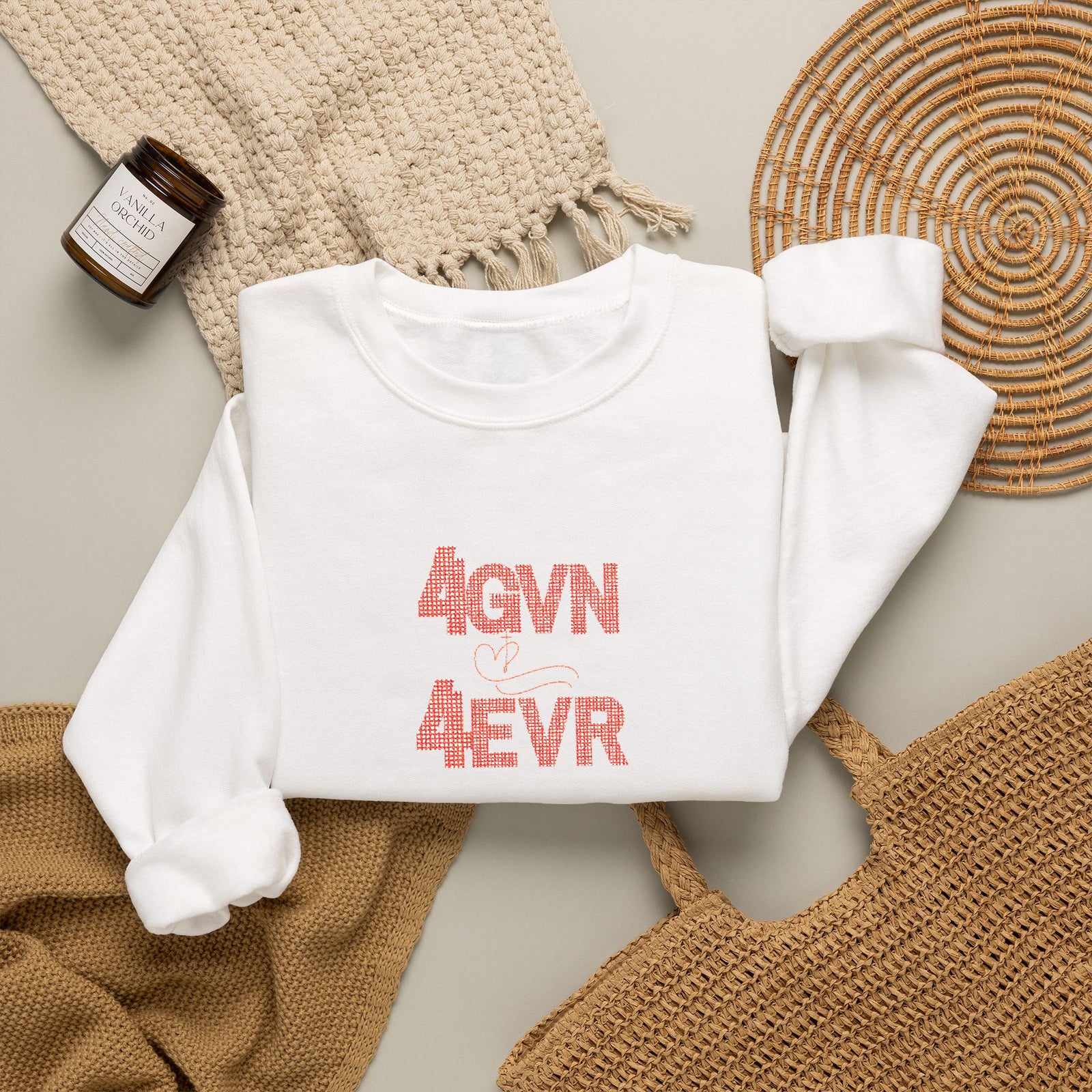 Crewneck Sweatshirt — 'AGAIN NEVER' Floral Text Design, White Cozy Pullover