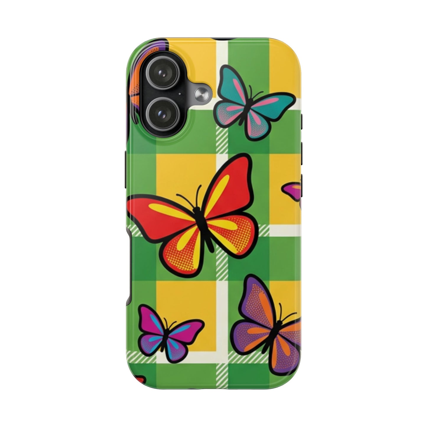 Butterfly Plaid Tough Phone Case — Colorful Retro Butterflies on Green Check