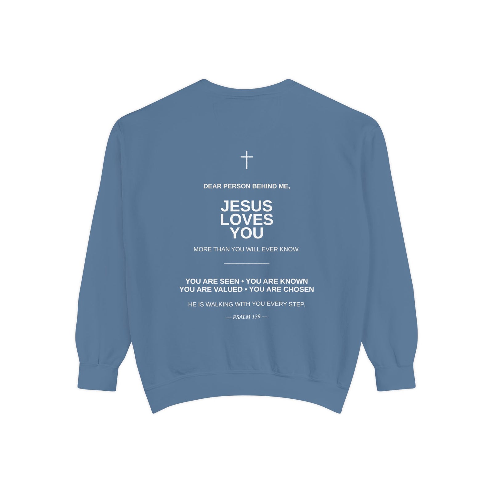 Christian Sweatshirt — Small Cross (Front) + "Jesus Loves You" Back