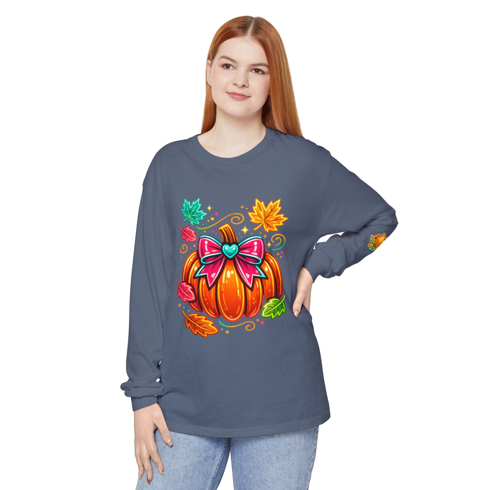 Autumn Pumpkin Bow Long Sleeve Tee