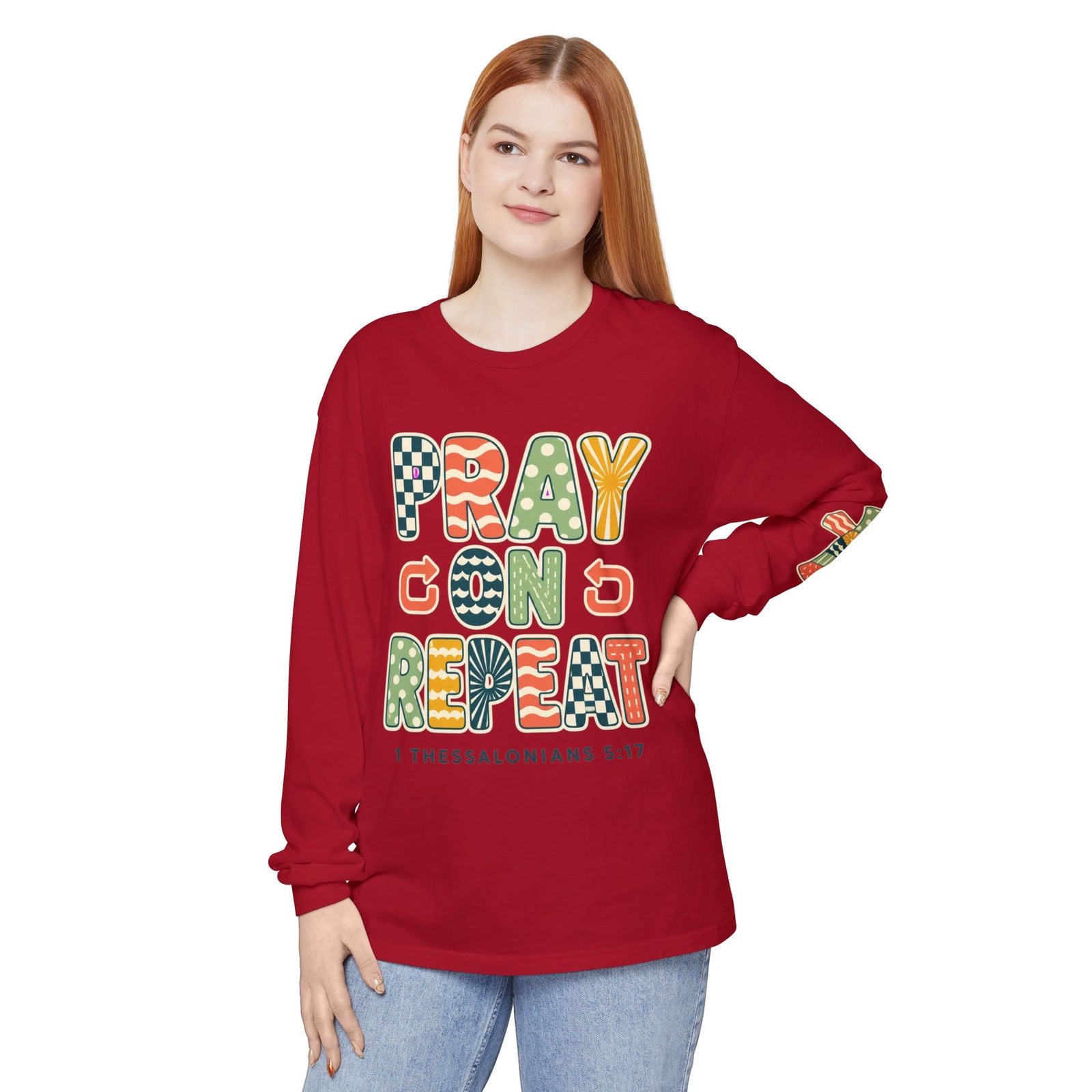 Pray, God, Repeat Long Sleeve Tee — 1 Thessalonians 5:17 Christian Shirt