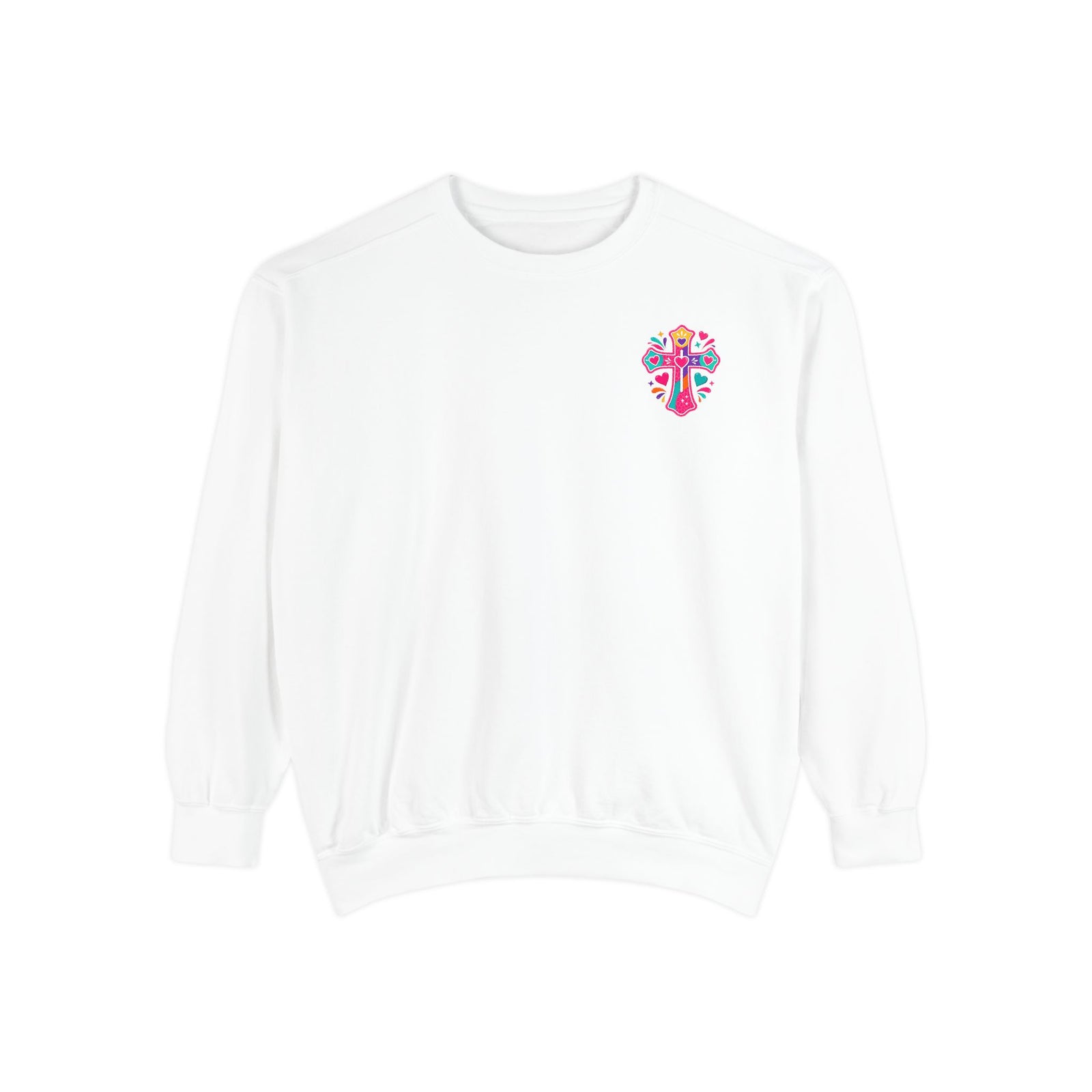 Christian Sweatshirt — “I’m the One on the Front Row at Church” Colorful Hands-Raised Graphic