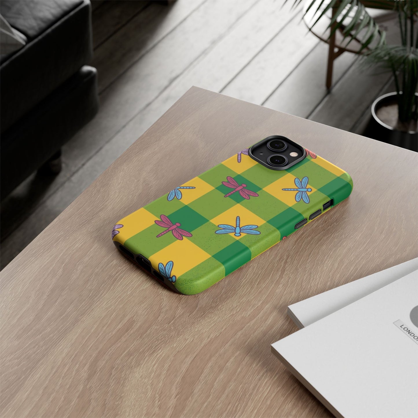 Dragonfly Check Phone Case — Colorful Plaid Protective Tough Case