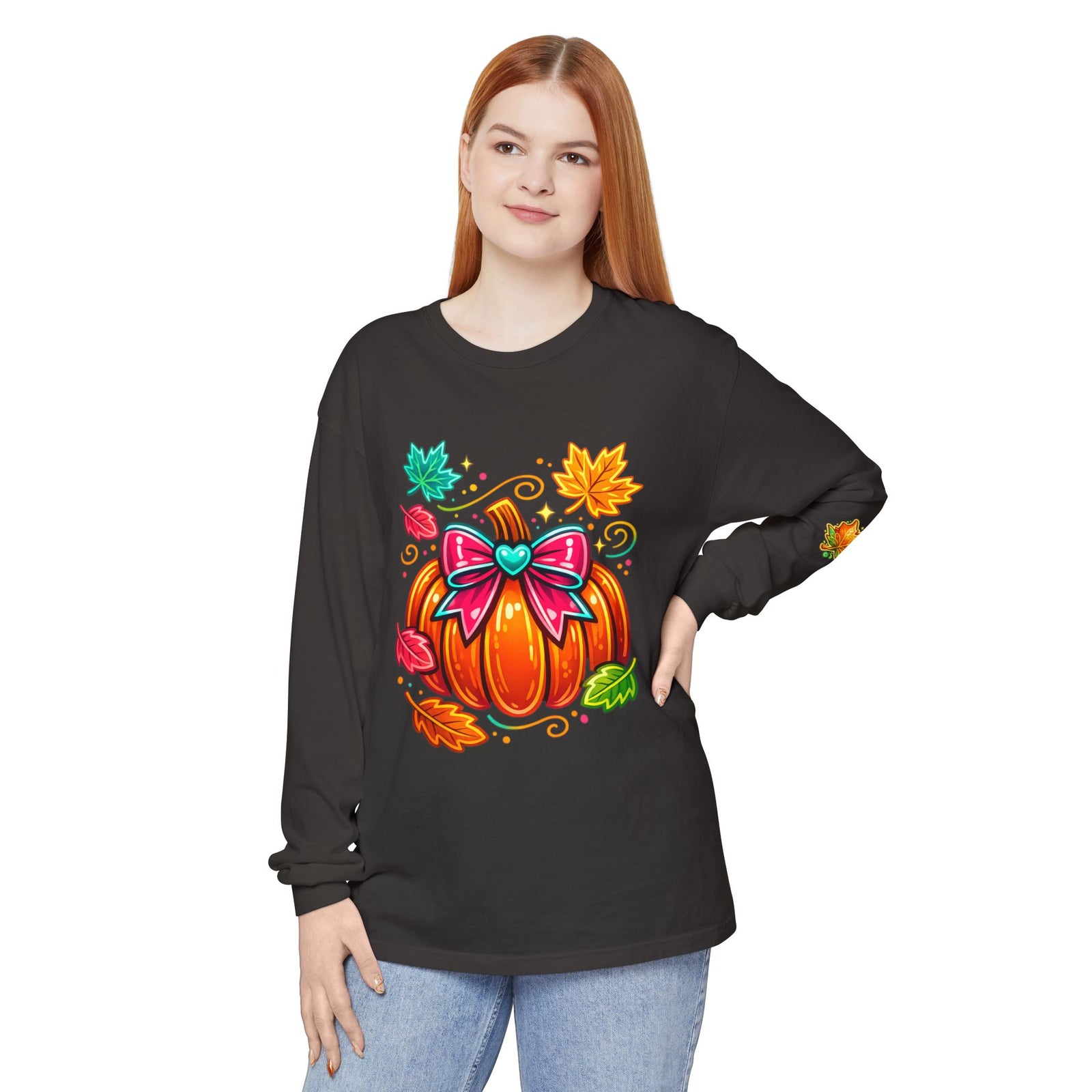 Autumn Pumpkin Bow Long Sleeve Tee