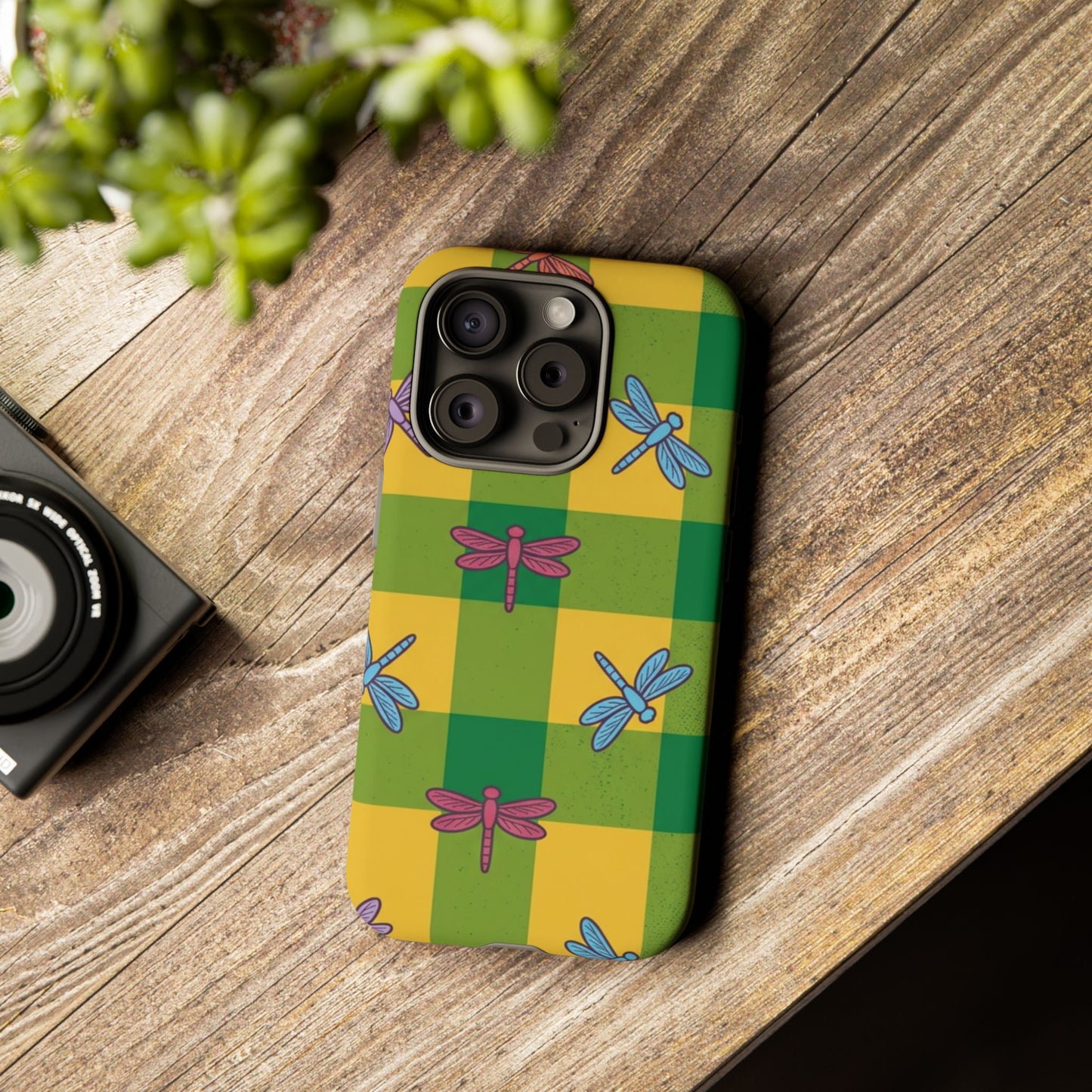 Dragonfly Check Phone Case — Colorful Plaid Protective Tough Case