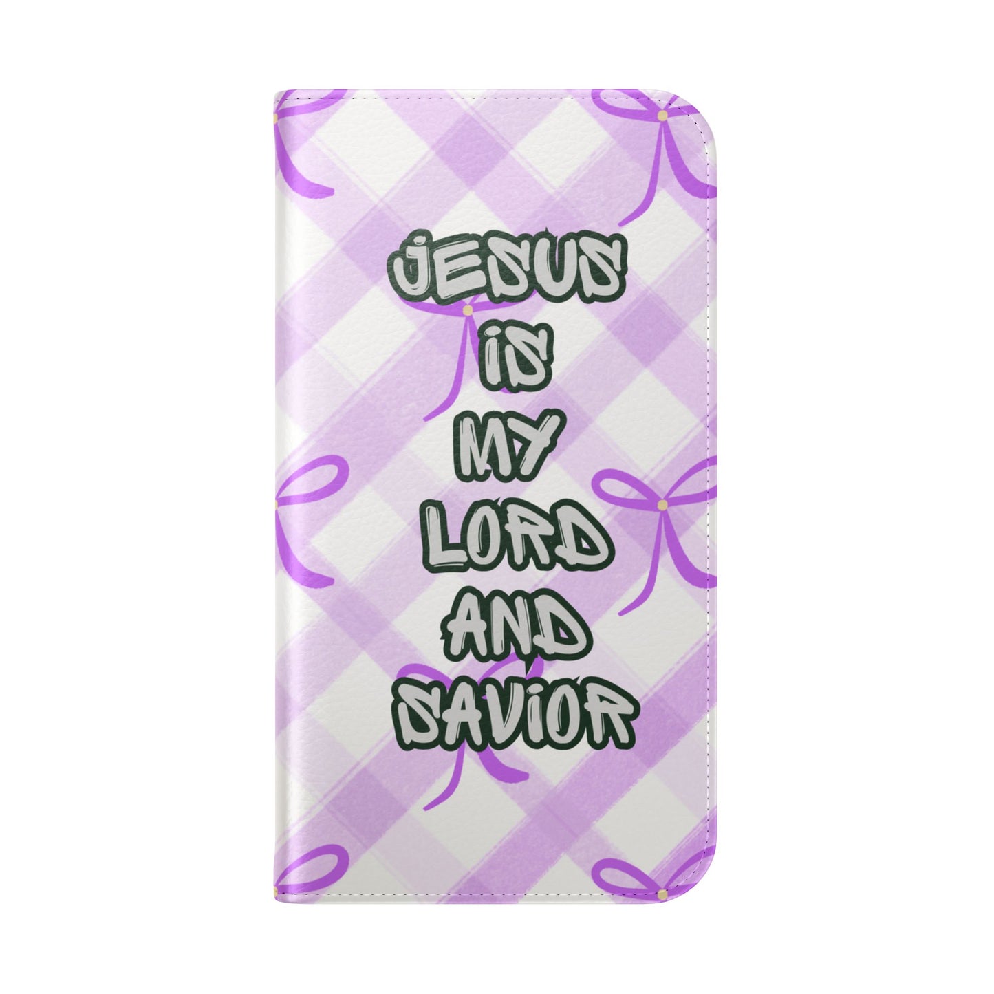 Christian Flip Phone Case — "Jesus Is My Lord and Savior" Purple Bow Plaid Wallet