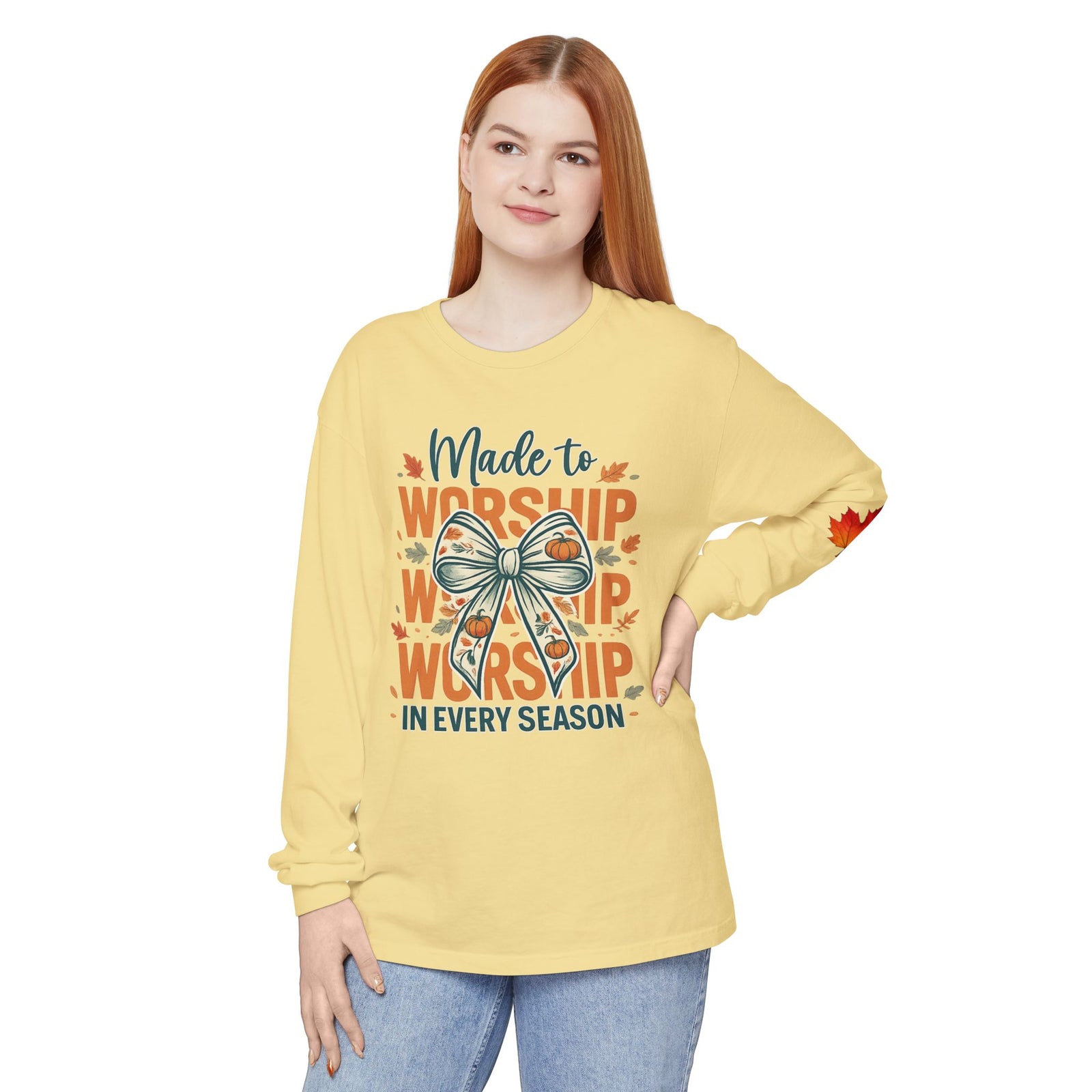 Long Sleeve Tee — "Made to Worship in Every Season" Fall Faith Shirt