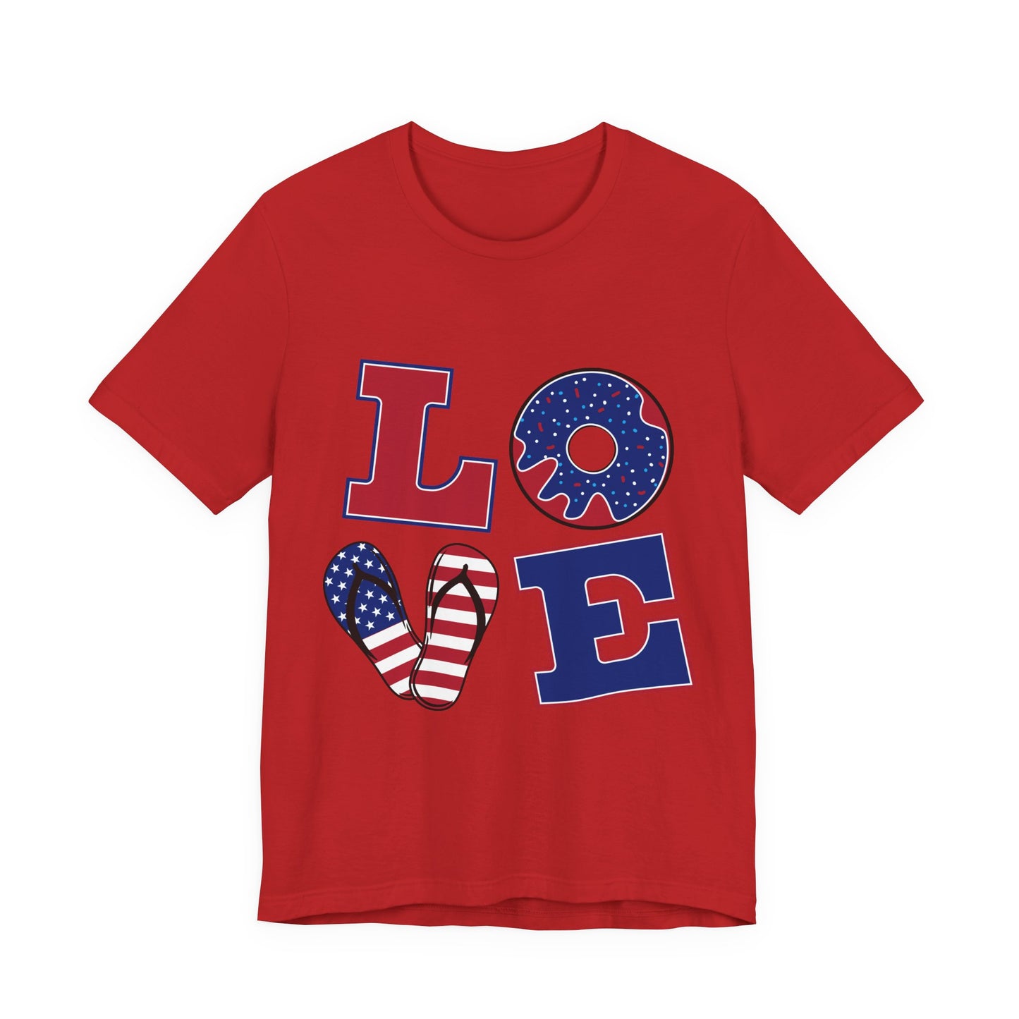 Patriotic LOVE T-Shirt — American Flag Donut & Flip-Flop Fourth of July Tee