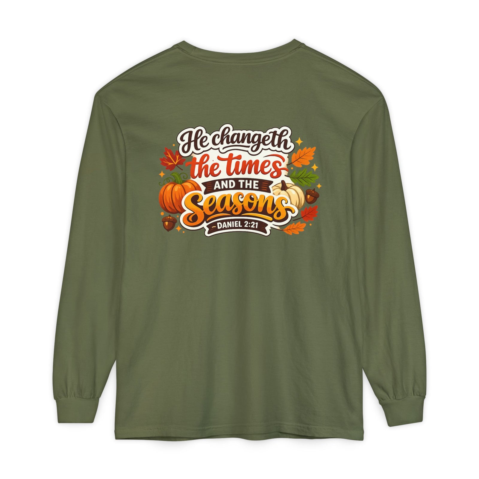 Long Sleeve T-Shirt — "He Changeth the Times and the Seasons" Autumn Scripture Tee