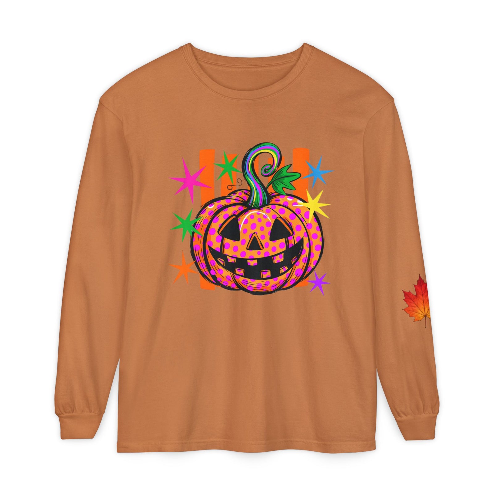 Halloween Pumpkin Long Sleeve Tee — Colorful Jack-O'-Lantern Graphic