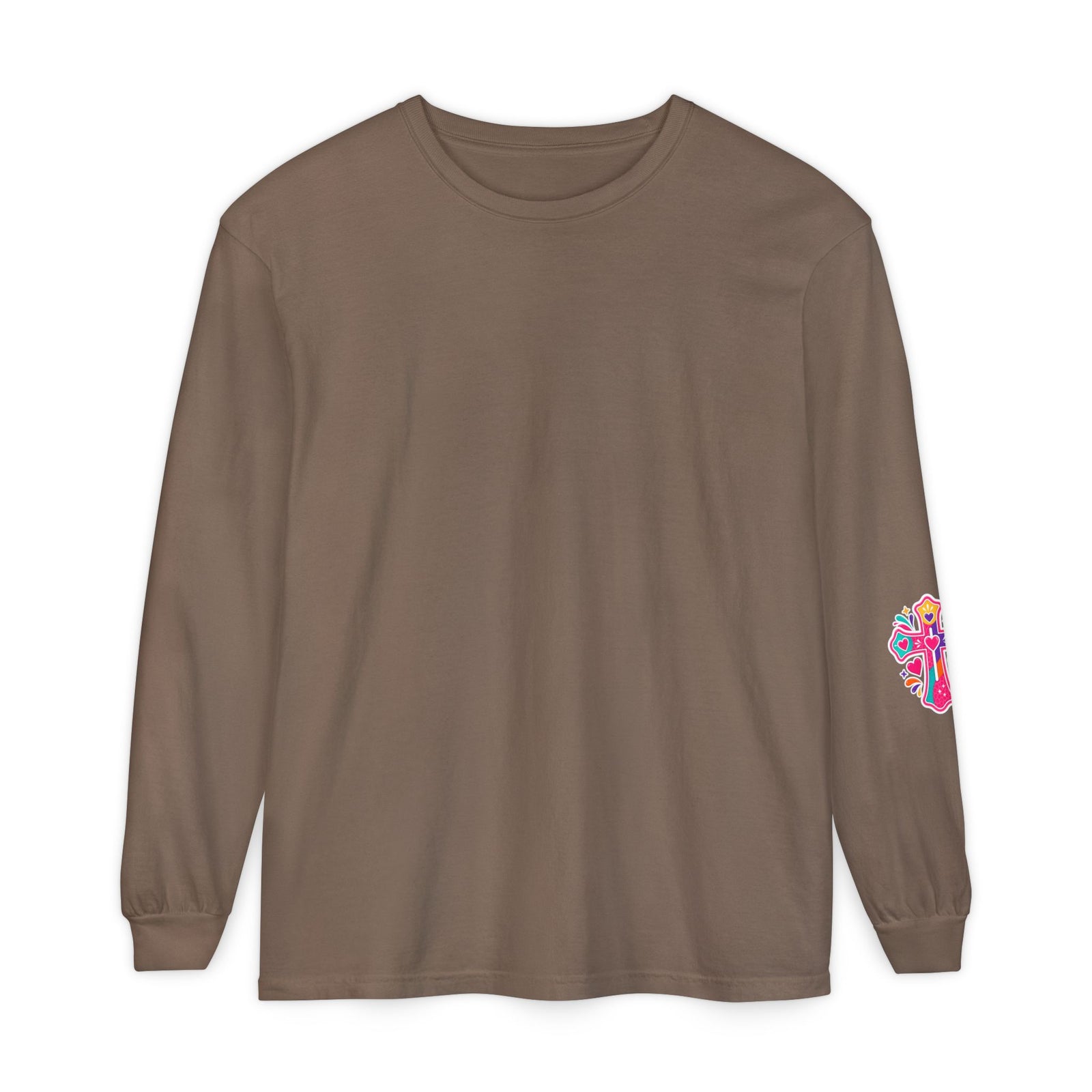 Long Sleeve T-Shirt — “I’m the One on the Front Row at Church With My Hands Raised High” — Colorful Worship Tee