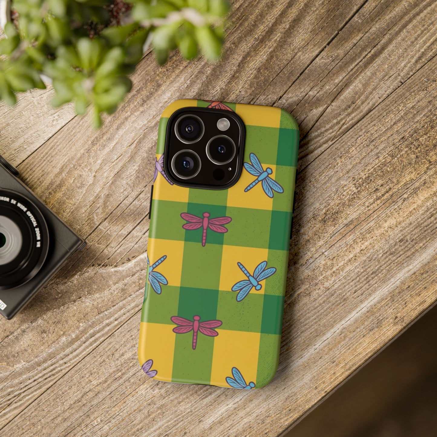 Dragonfly Check Phone Case — Colorful Plaid Protective Tough Case