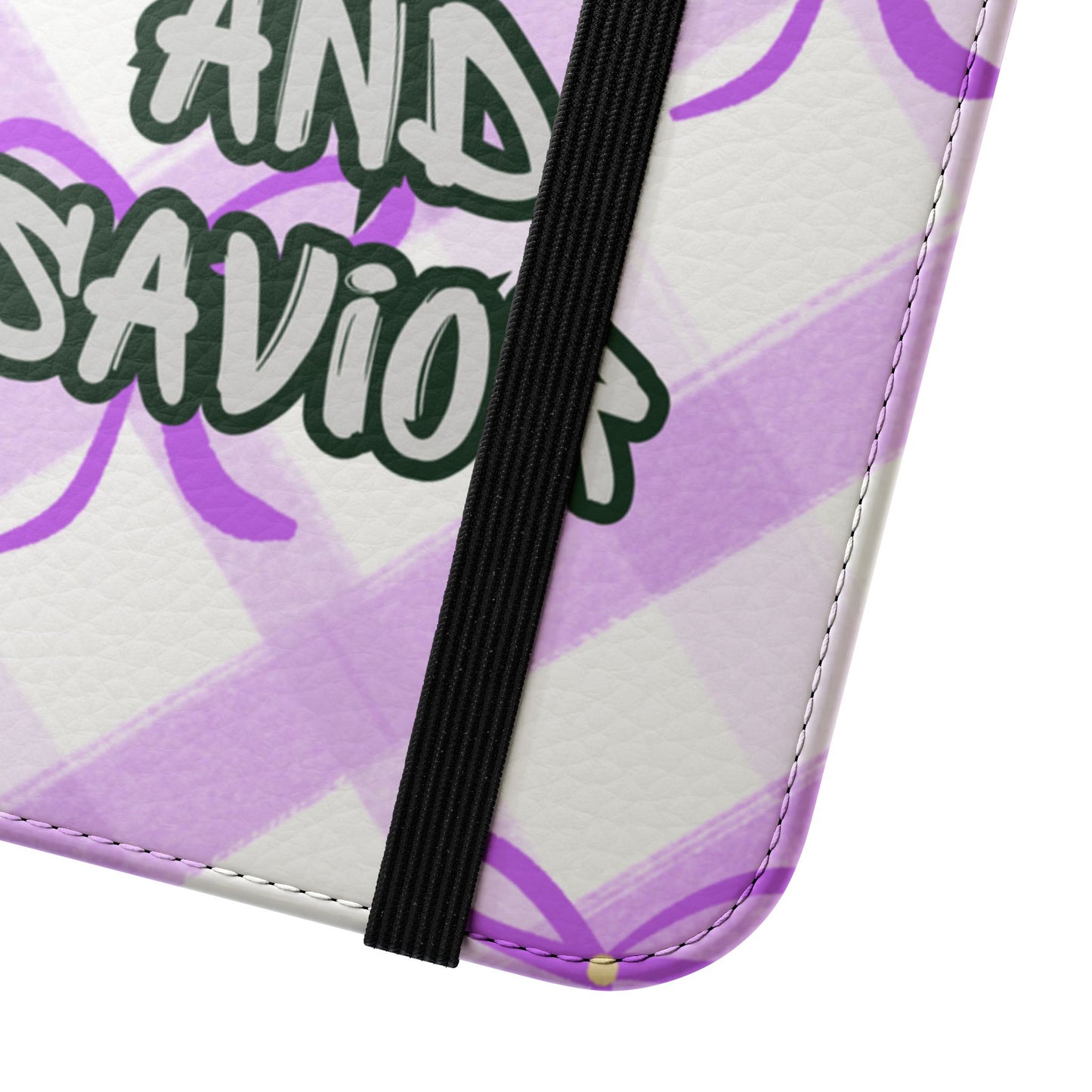 Christian Flip Phone Case — "Jesus Is My Lord and Savior" Purple Bow Plaid Wallet
