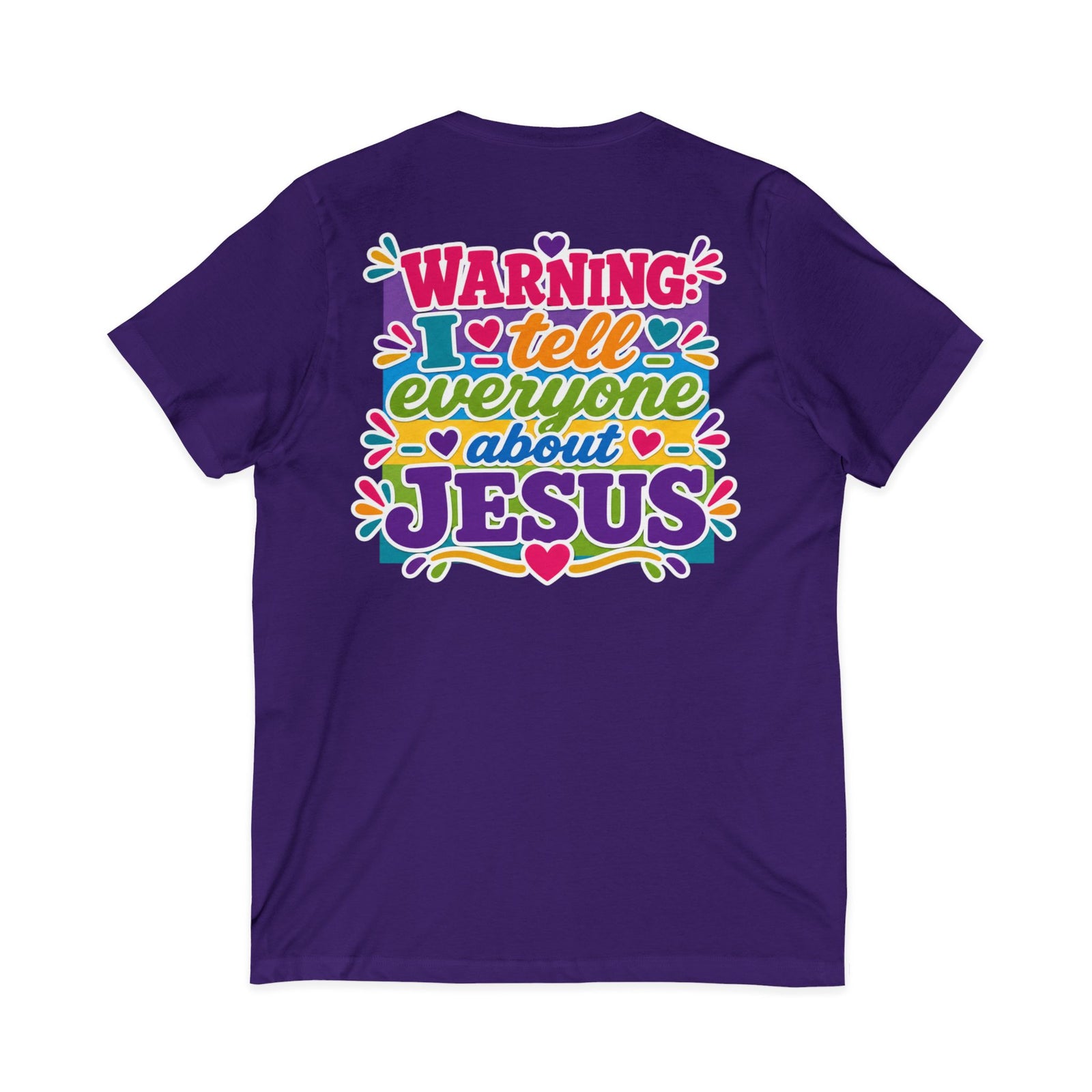 Christian V‑Neck Tee — "Warning I Tell Everyone About Jesus" Colorful Faith Shirt