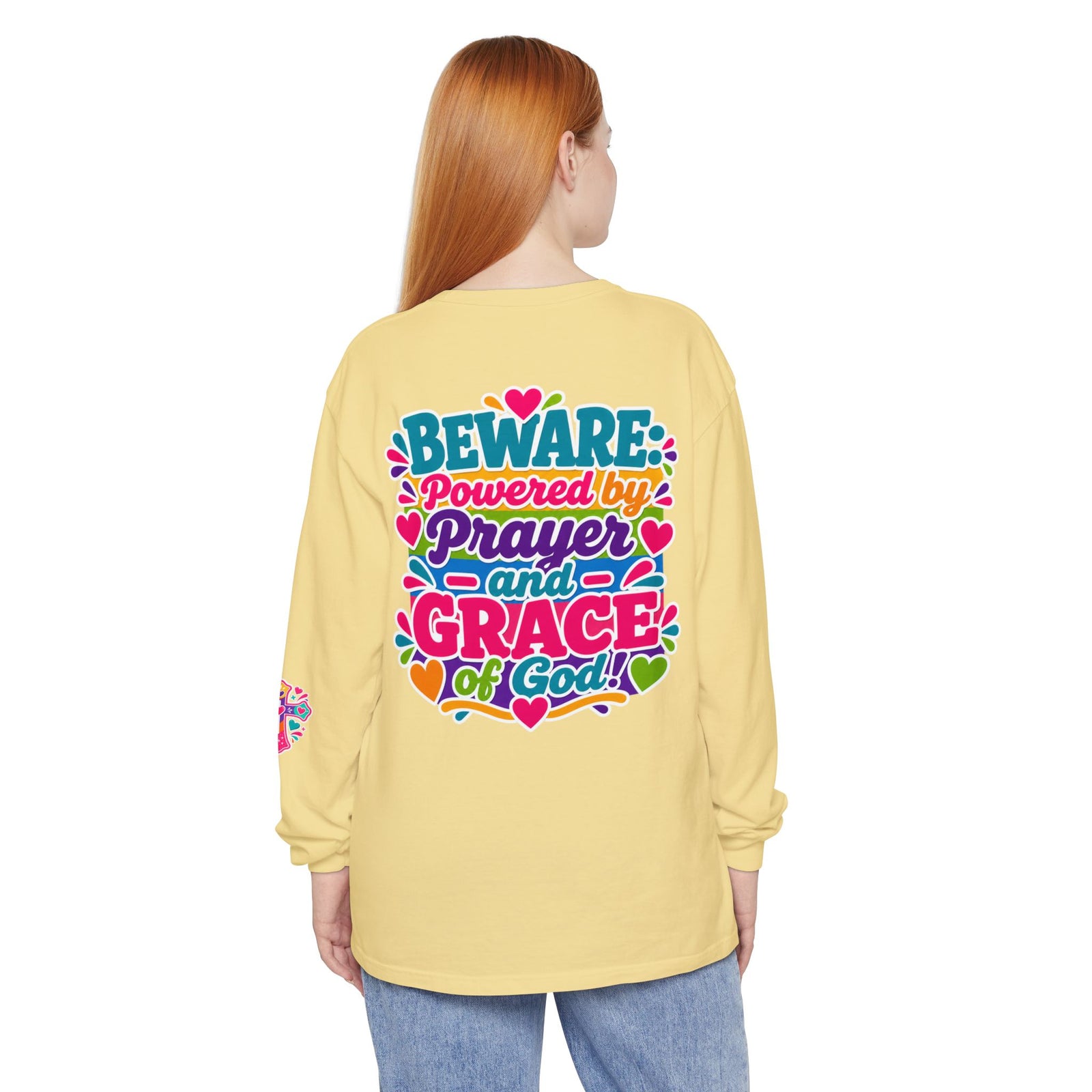 Long Sleeve Tee - "BEWARE Powered by Prayer and Grace of God" Colorful Faith Tee