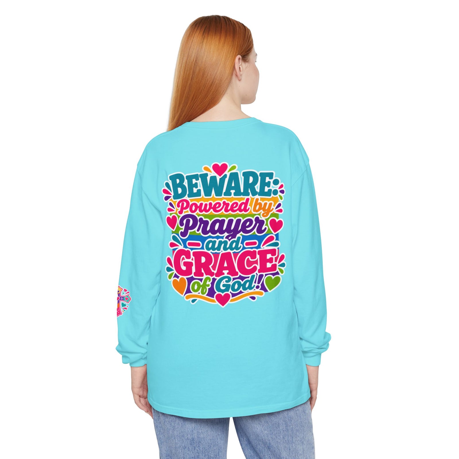 Long Sleeve Tee - "BEWARE Powered by Prayer and Grace of God" Colorful Faith Tee