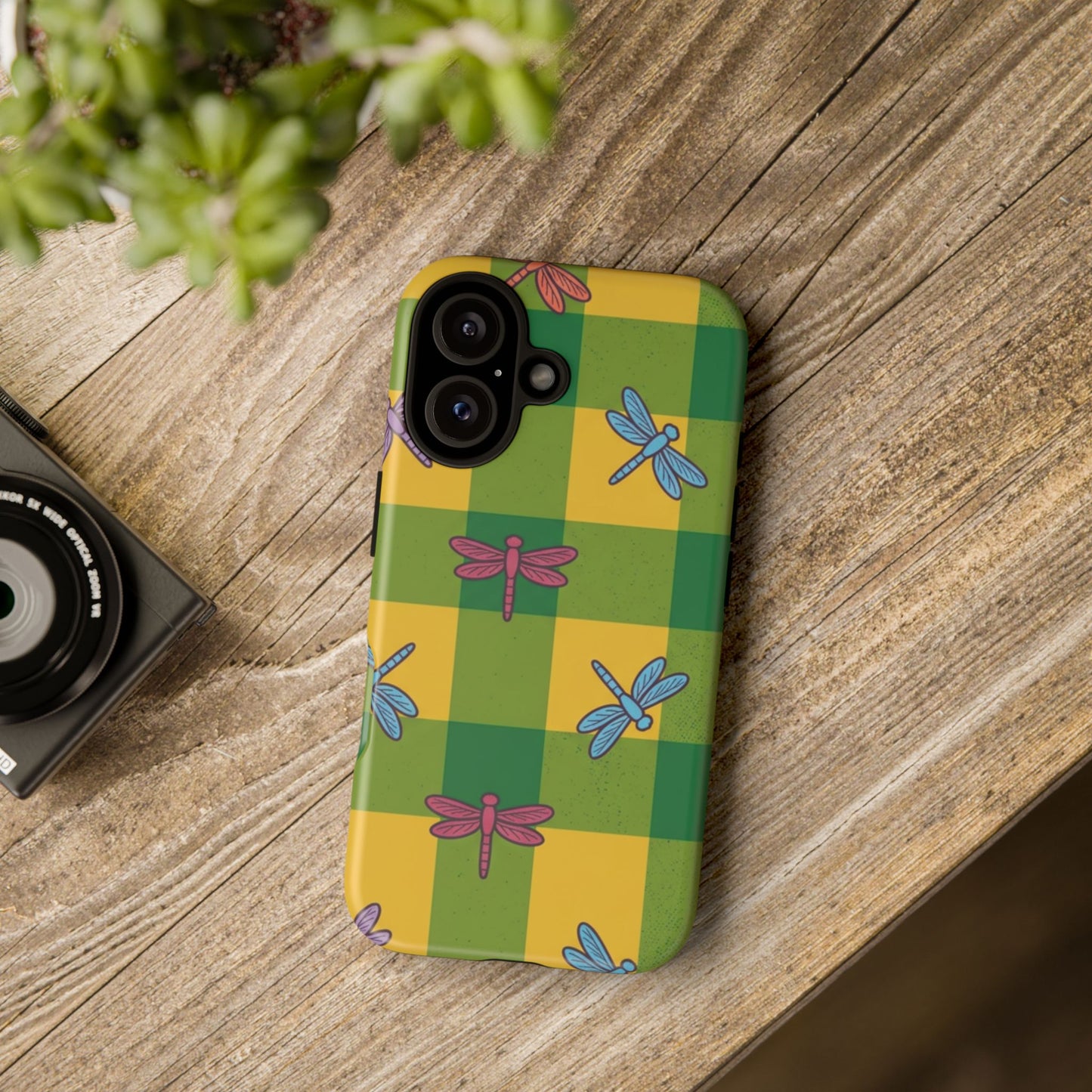 Dragonfly Check Phone Case — Colorful Plaid Protective Tough Case