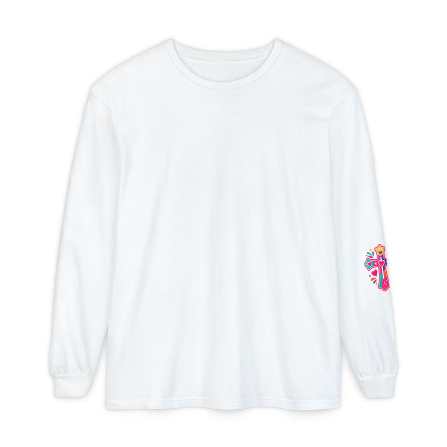 Long Sleeve T-Shirt — “I’m the One on the Front Row at Church With My Hands Raised High” — Colorful Worship Tee