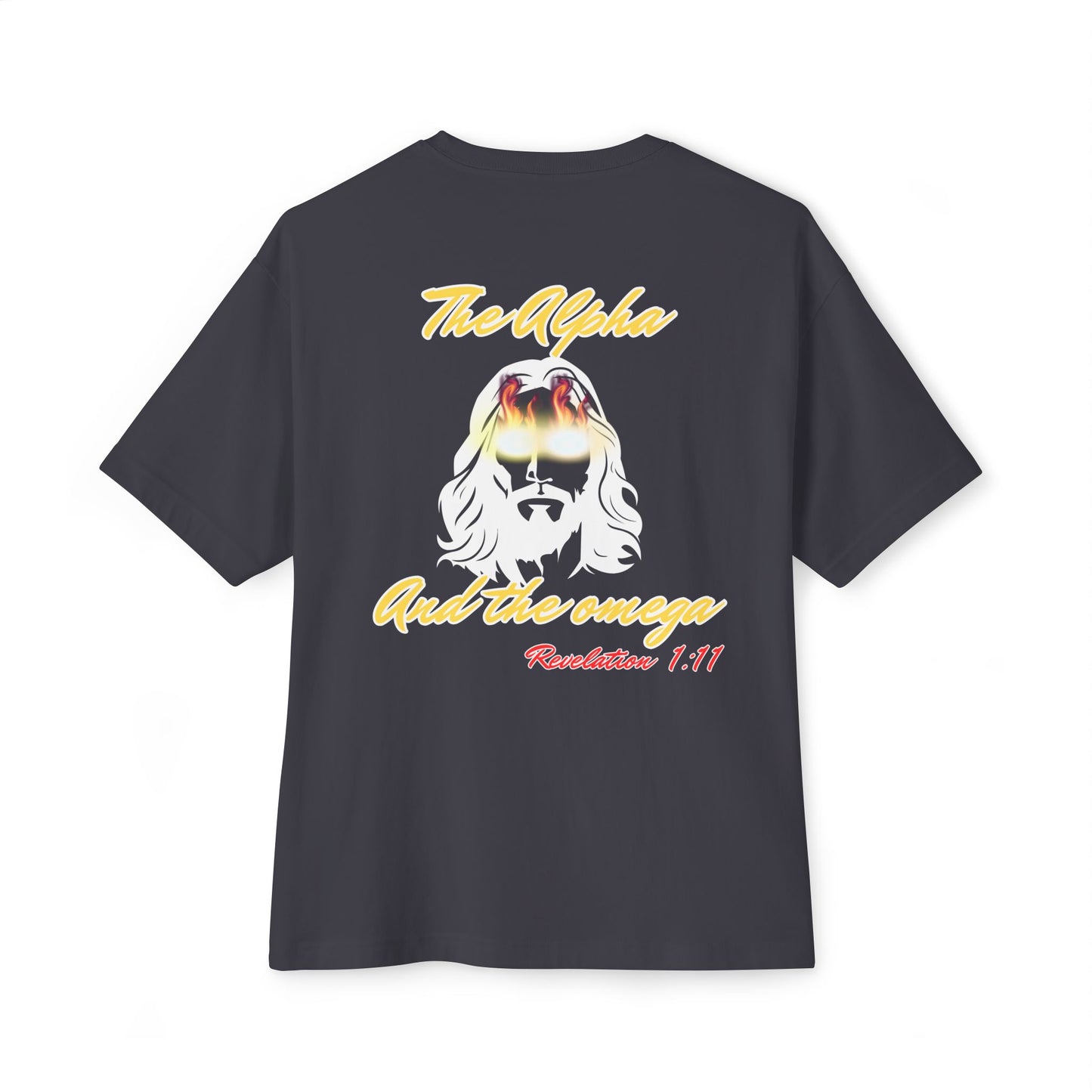 Boxy Tee — "The Alpha and the Omega" Back Graphic Christian T‑Shirt (Revelation 1:11)