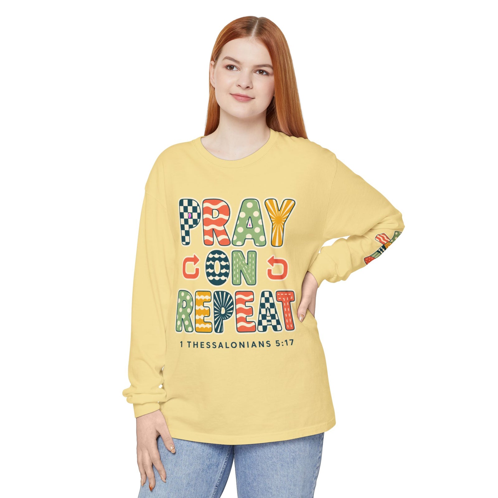 Pray, God, Repeat Long Sleeve Tee — 1 Thessalonians 5:17 Christian Shirt
