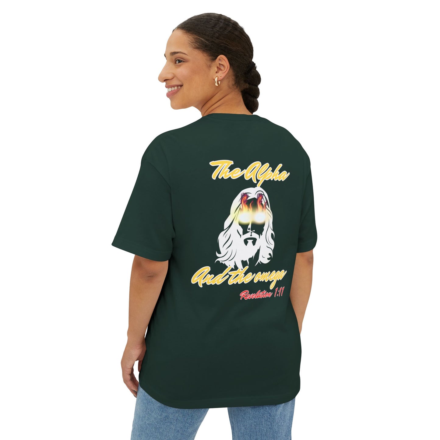Boxy Tee — "The Alpha and the Omega" Back Graphic Christian T‑Shirt (Revelation 1:11)