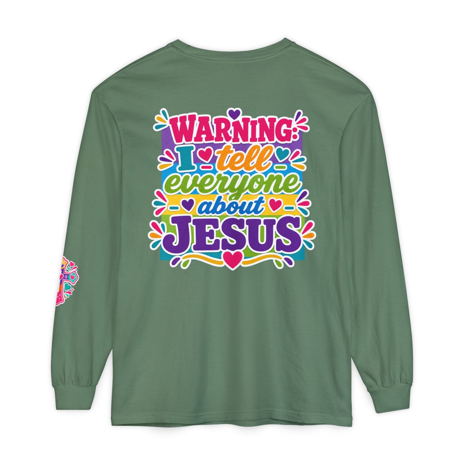Christian Long Sleeve Tee — "Warning I Tell Everyone About Jesus" Colorful Faith Shirt