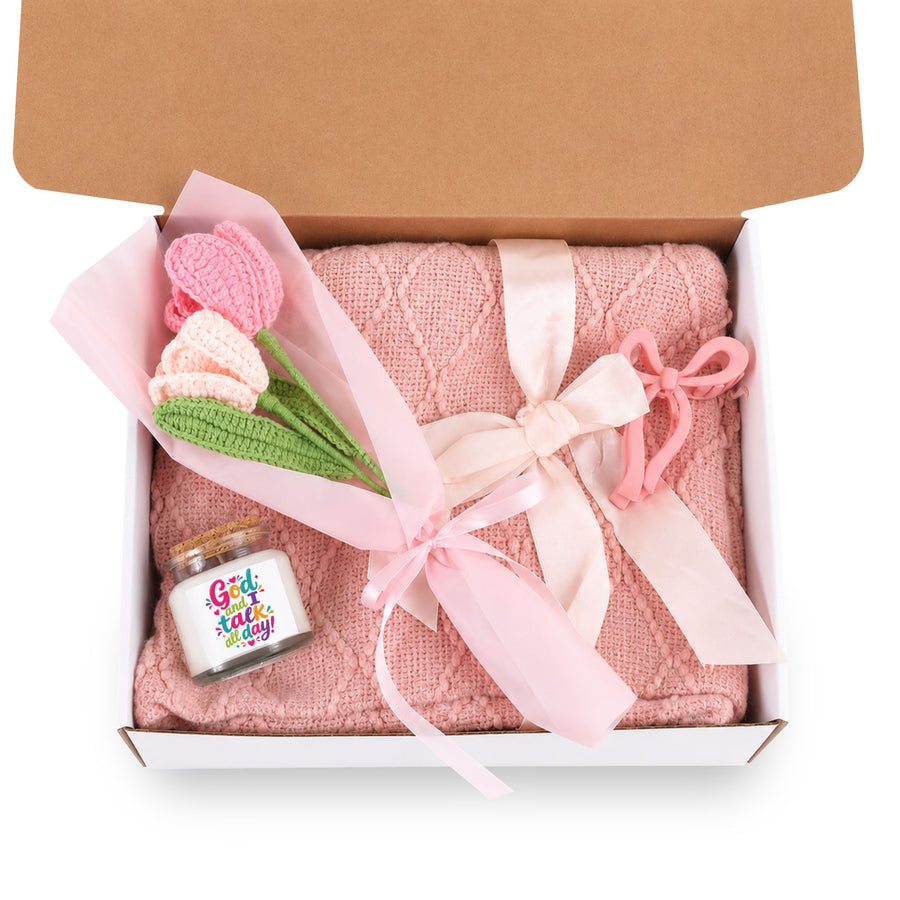 Blush & Bloom Gift Set — 'God and I Talk All Day' Candle, Pink Knit Blanket, Crochet Bouquet & Bow Clip