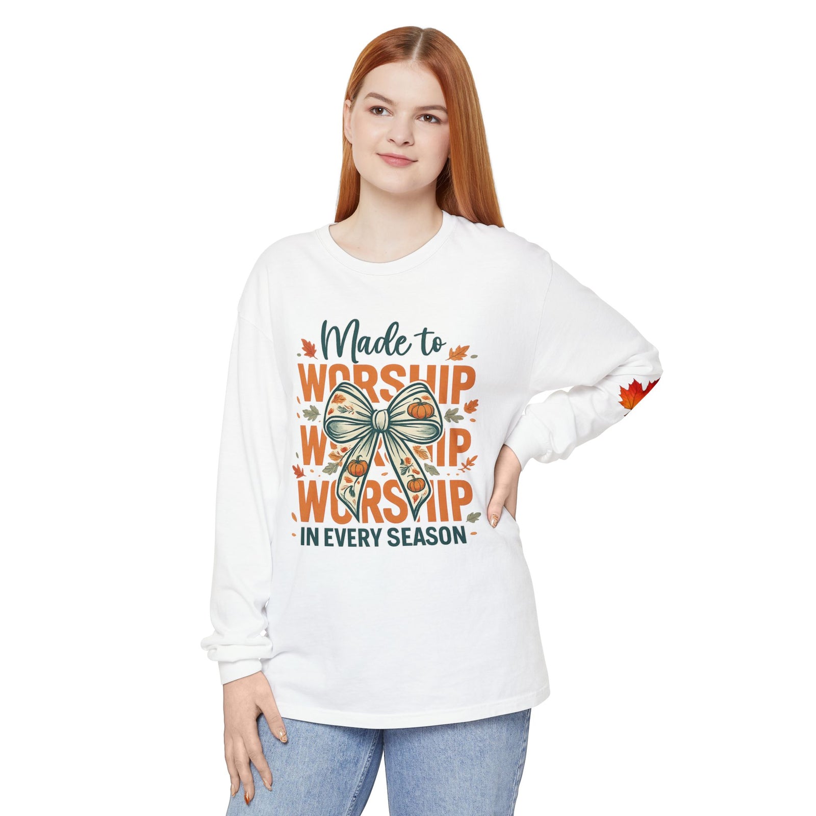 Long Sleeve Tee — "Made to Worship in Every Season" Fall Faith Shirt