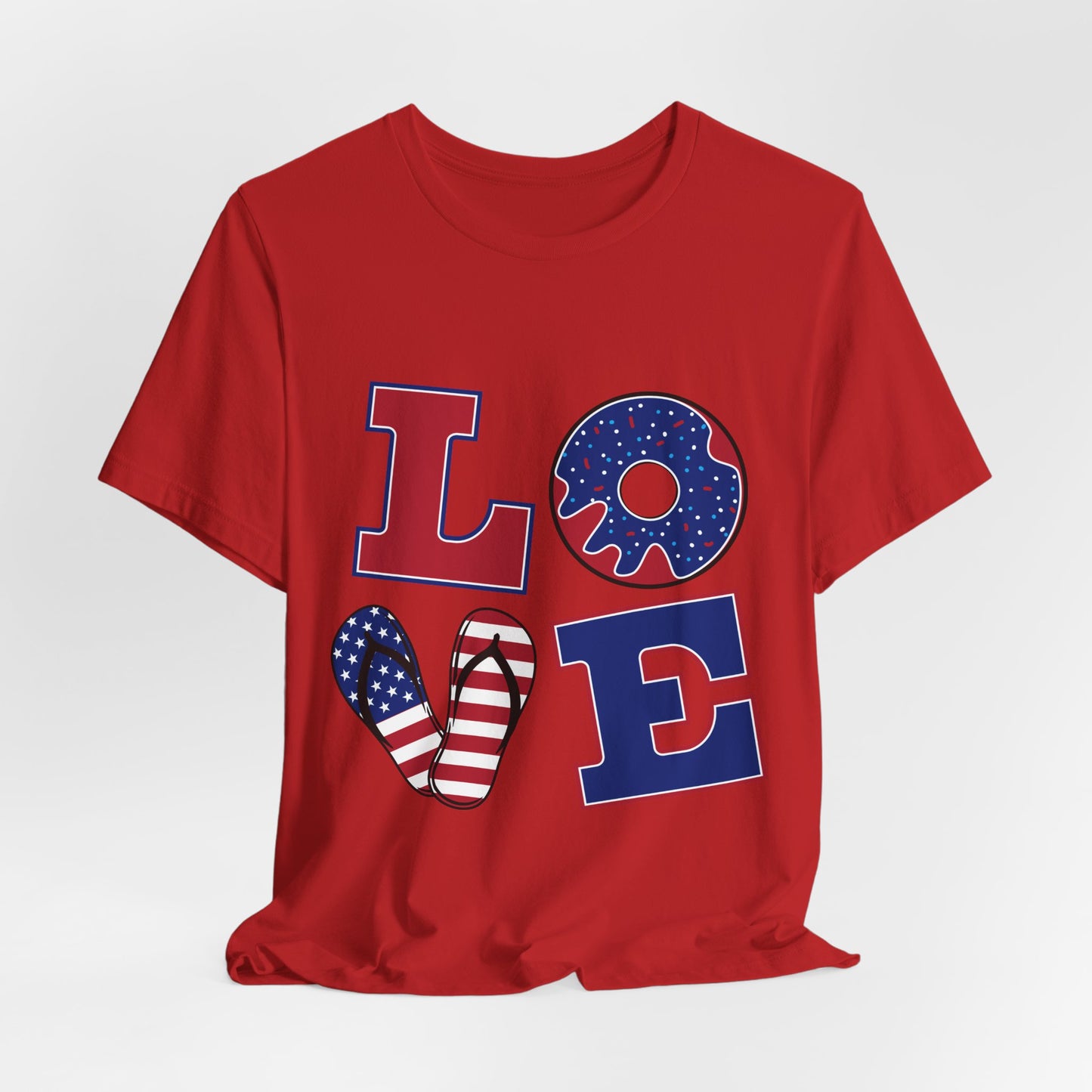 Patriotic LOVE T-Shirt — American Flag Donut & Flip-Flop Fourth of July Tee