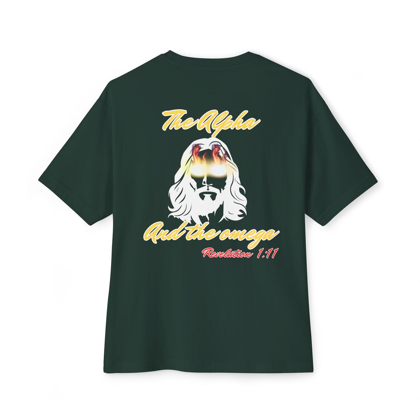 Boxy Tee — "The Alpha and the Omega" Back Graphic Christian T‑Shirt (Revelation 1:11)