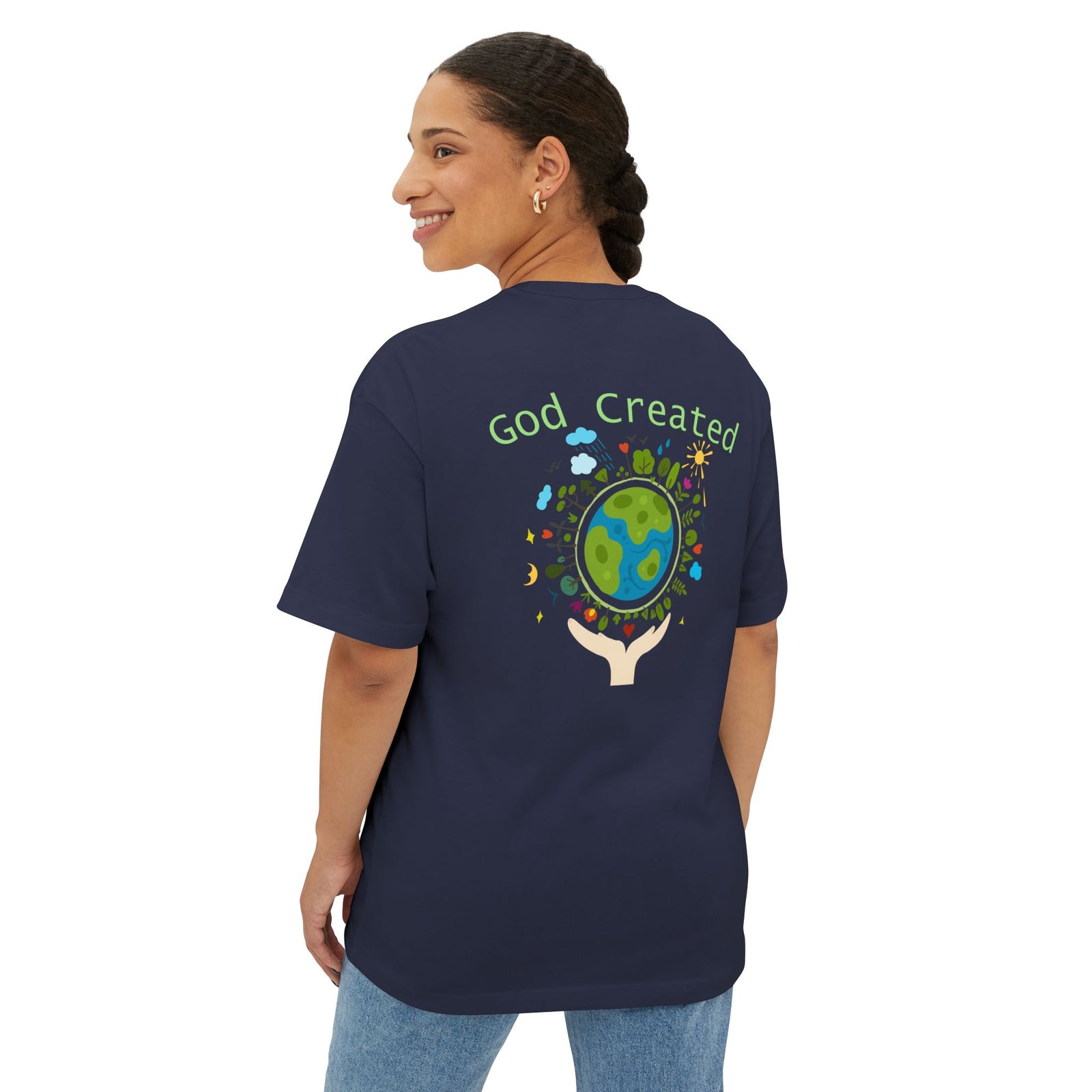 T-Shirt — "God Created" Earth Graphic Tee (Eco, Faith & Nature Love)