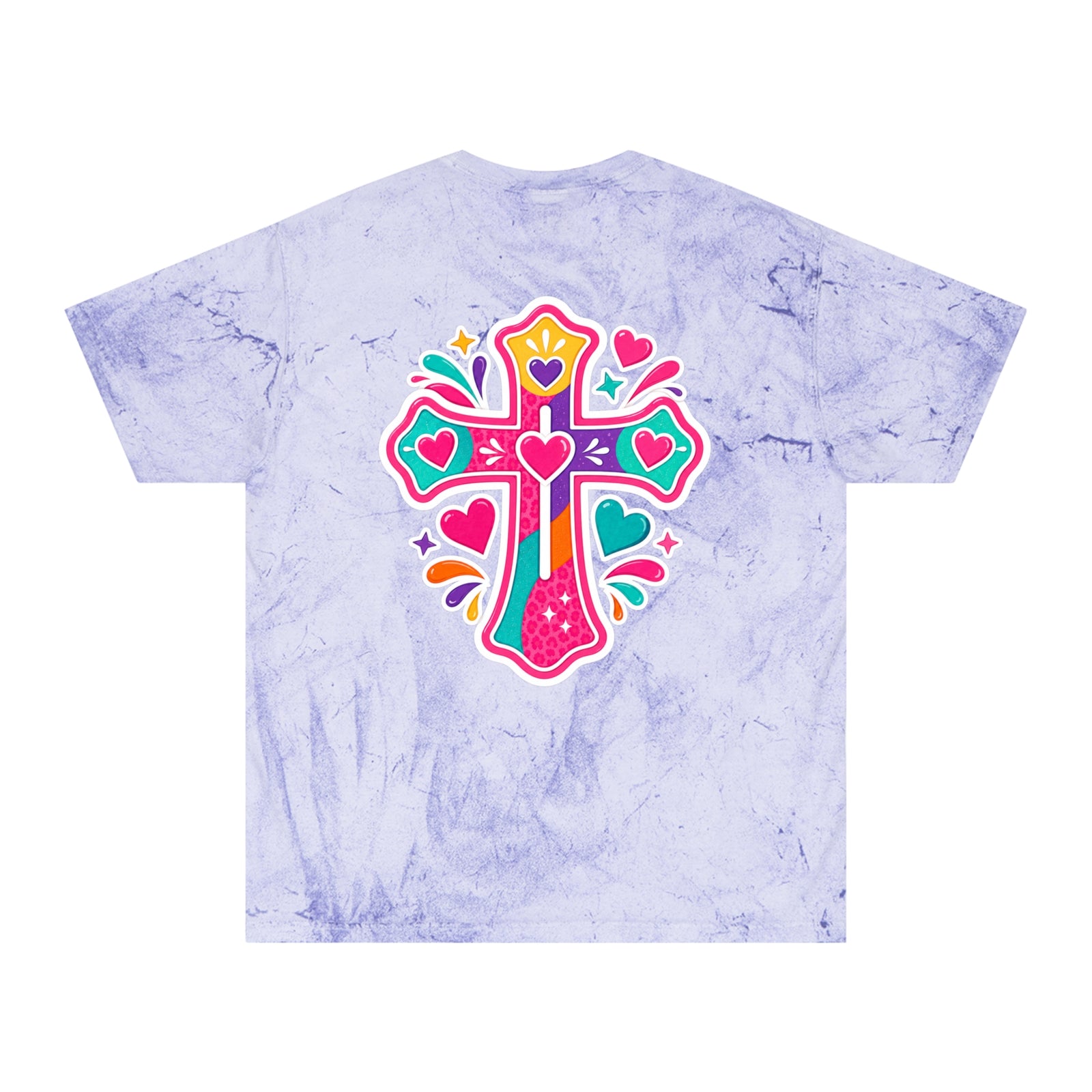 Tie-Dye Cross Tee — Colorful Hearts Graphic T-Shirt