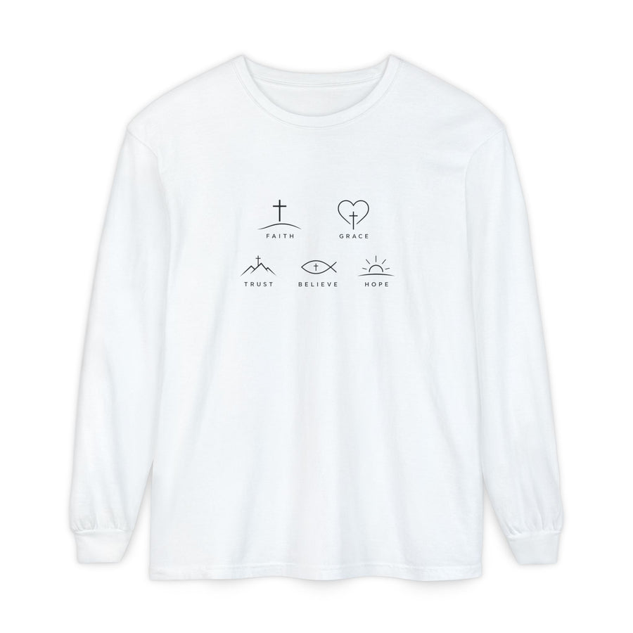 Faith Symbols Long Sleeve Tee — 'Faith, Grace, Trust, Believe, Hope' Minimalist Christian Shirt